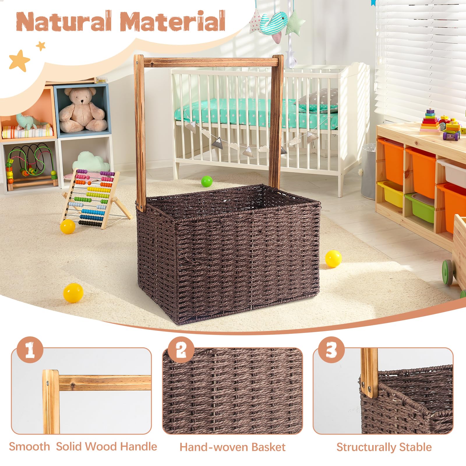 Wisreach Armario de madera para baby shower, caja de almacenamiento para bebé con asa, cesta de almacenamiento plegable tejida a mano para regalos de baby shower