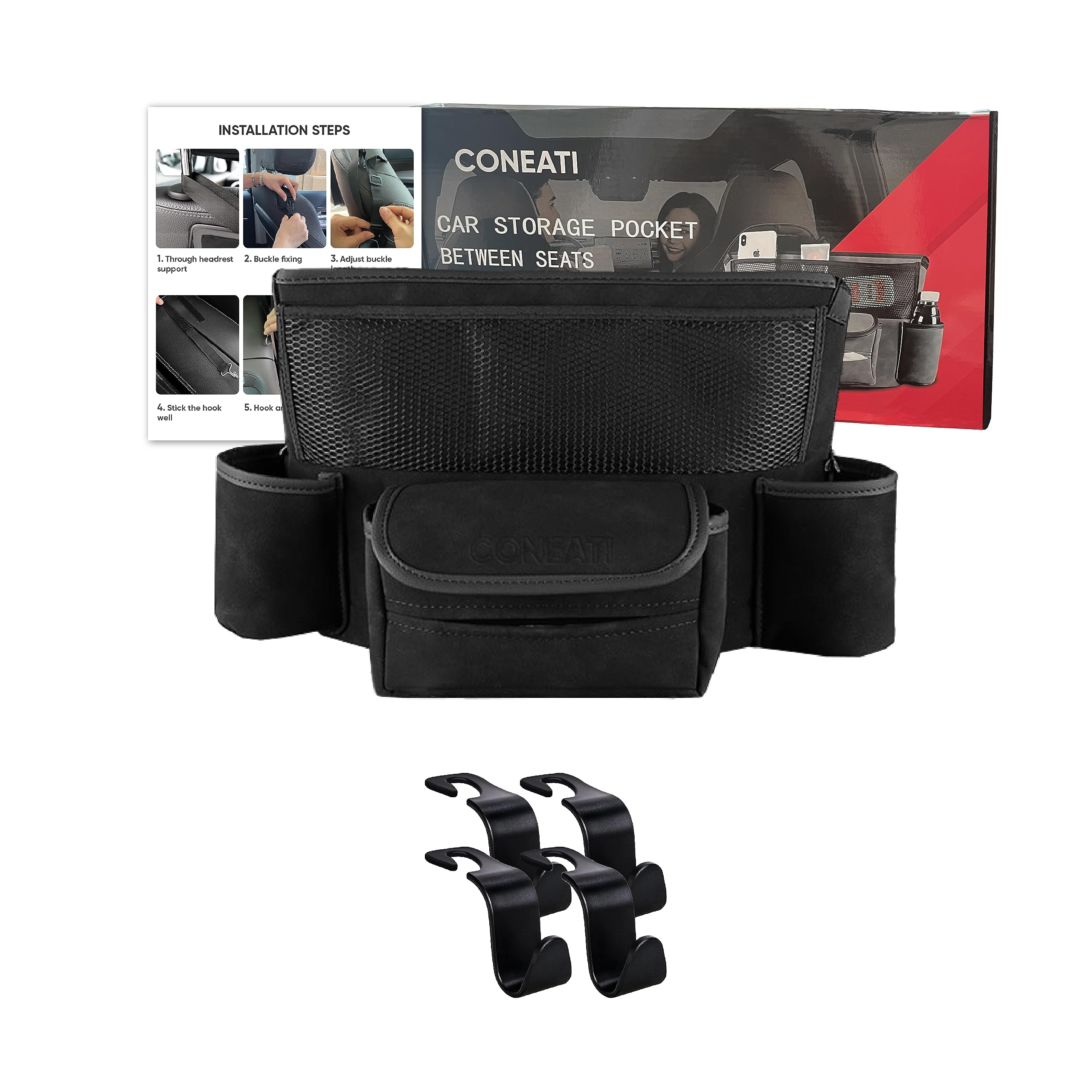 CONEATI Car Storage Pocket Between Seats Purse Holder for Car Between front Seats Car Handbag Holder Between Seats with 4 Pcs Seat Headrest Hook