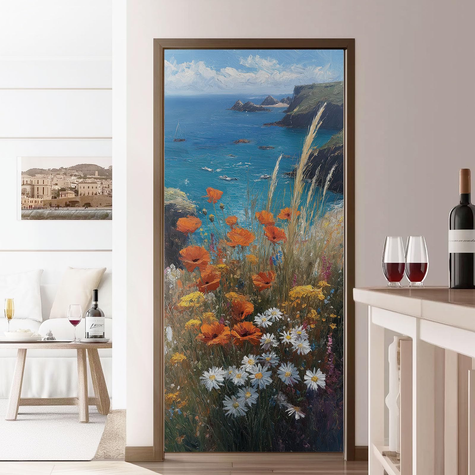 Malarstwo olejne styl naklejka na drzwi 90 x 200 cm, kwiaty wybrzeża, ocean, PCW, samoprzylepna, plakat na drzwi, fototapeta, niebieska, wodoodporna, winylowa, zdejmowana naklejka na drzwi, "zrób to