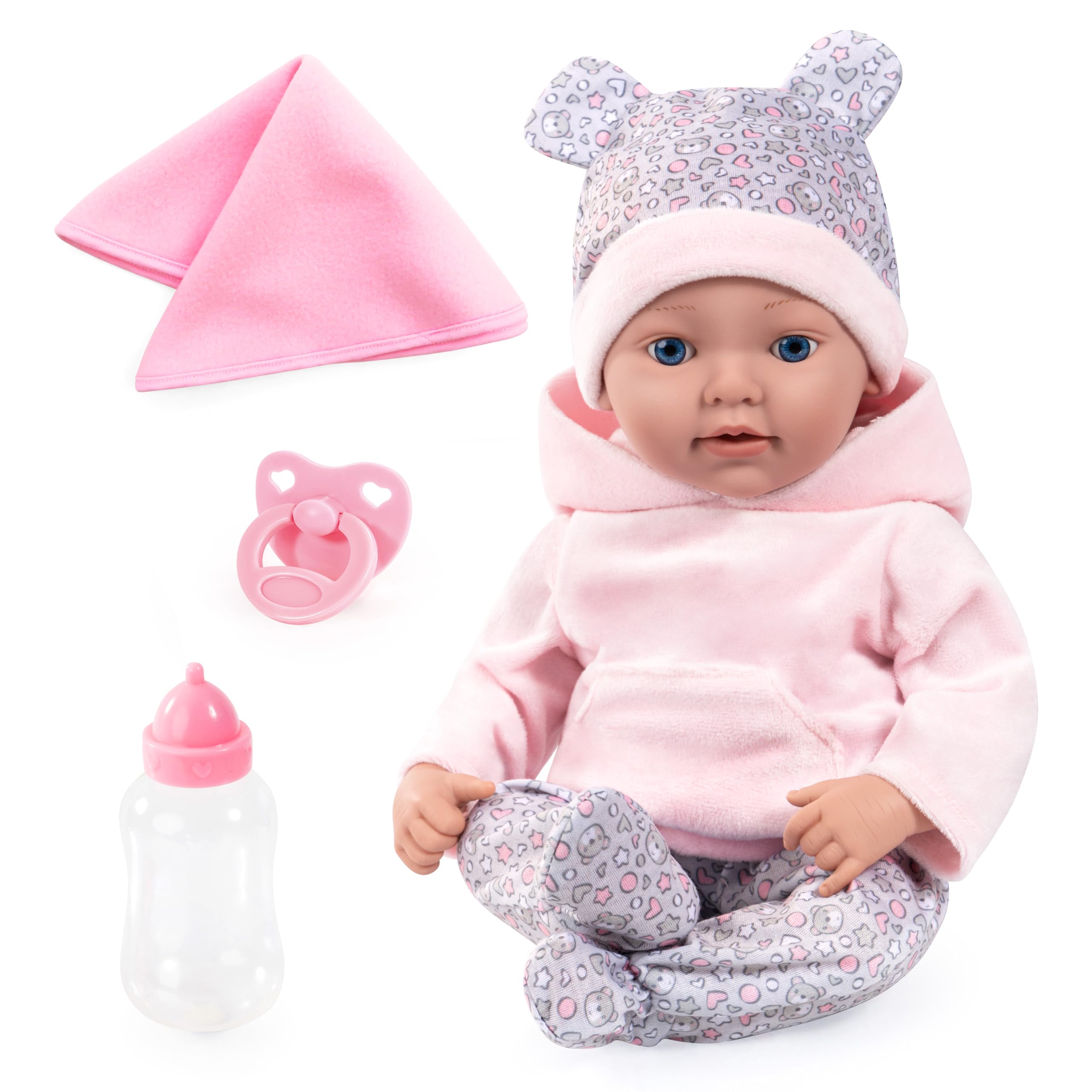 Bayer Design 93827AD Reborn baby doll, realistic, lifelike, new born, with dummy, bottle, blanket
