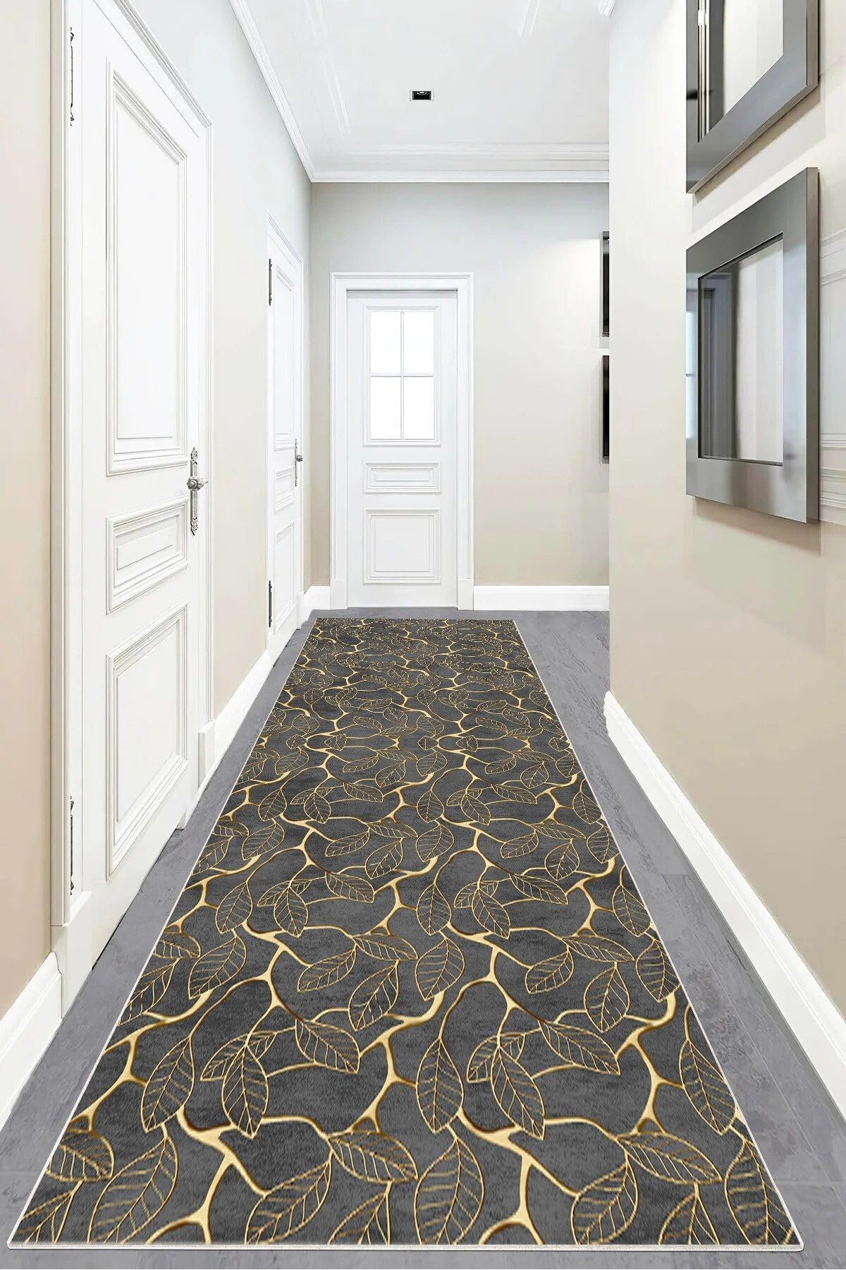 Pelangi Gold Yaprak Desenli Dijital Baskı Yıkanabilir Kaymaz Taban Klasik Salon Halısı Gri, Gri 100 x 200, 95542571002007