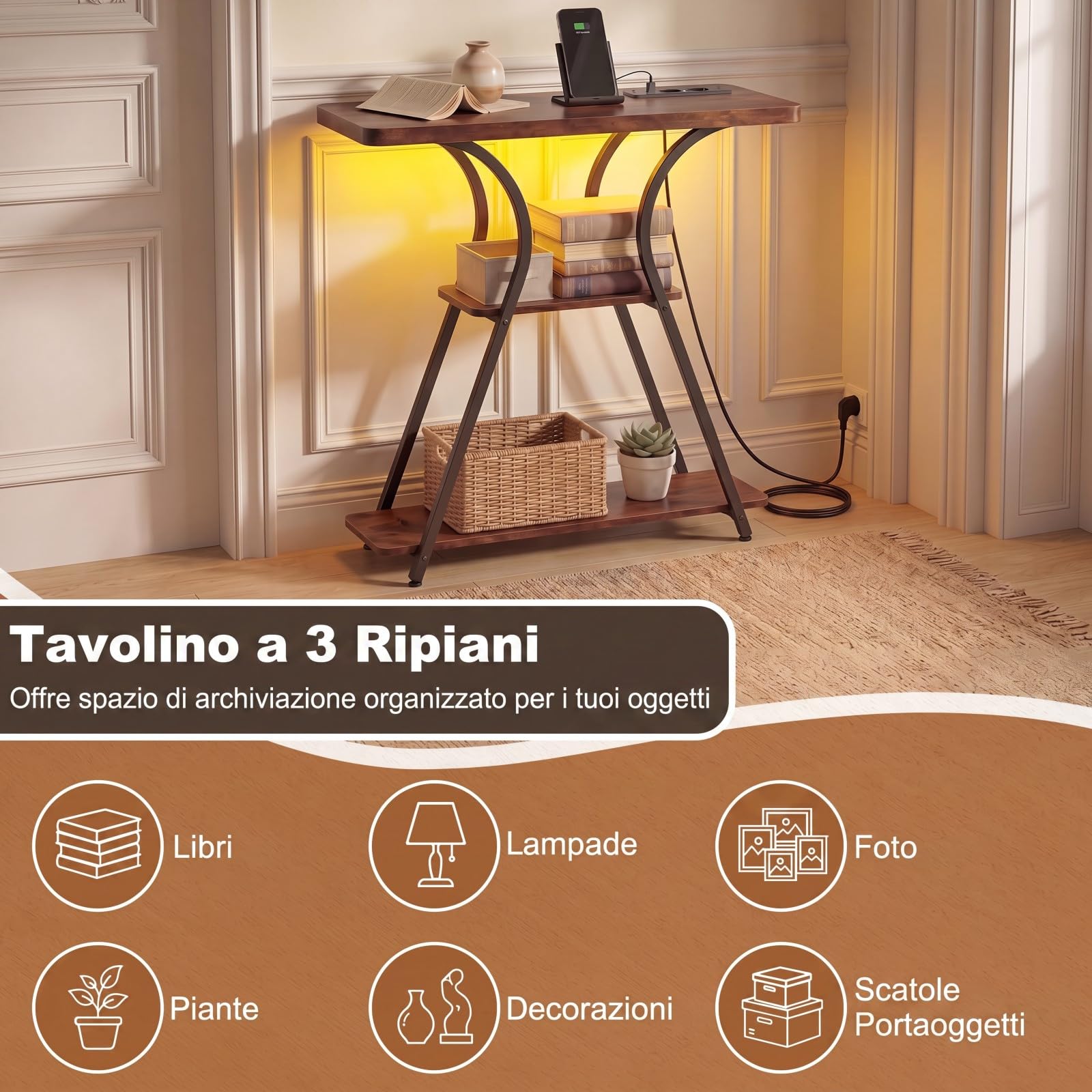 COSTWAY Consolle Ingresso, Tavolo d'Ingresso a 3 Ripiani con Luce, Stazione di Ricarica e Telecomando, Consolle Salvaspazio con per Corridoio, Entrata e Salotto 79,5 x 30,5 x 81,5 cm (Marrone)