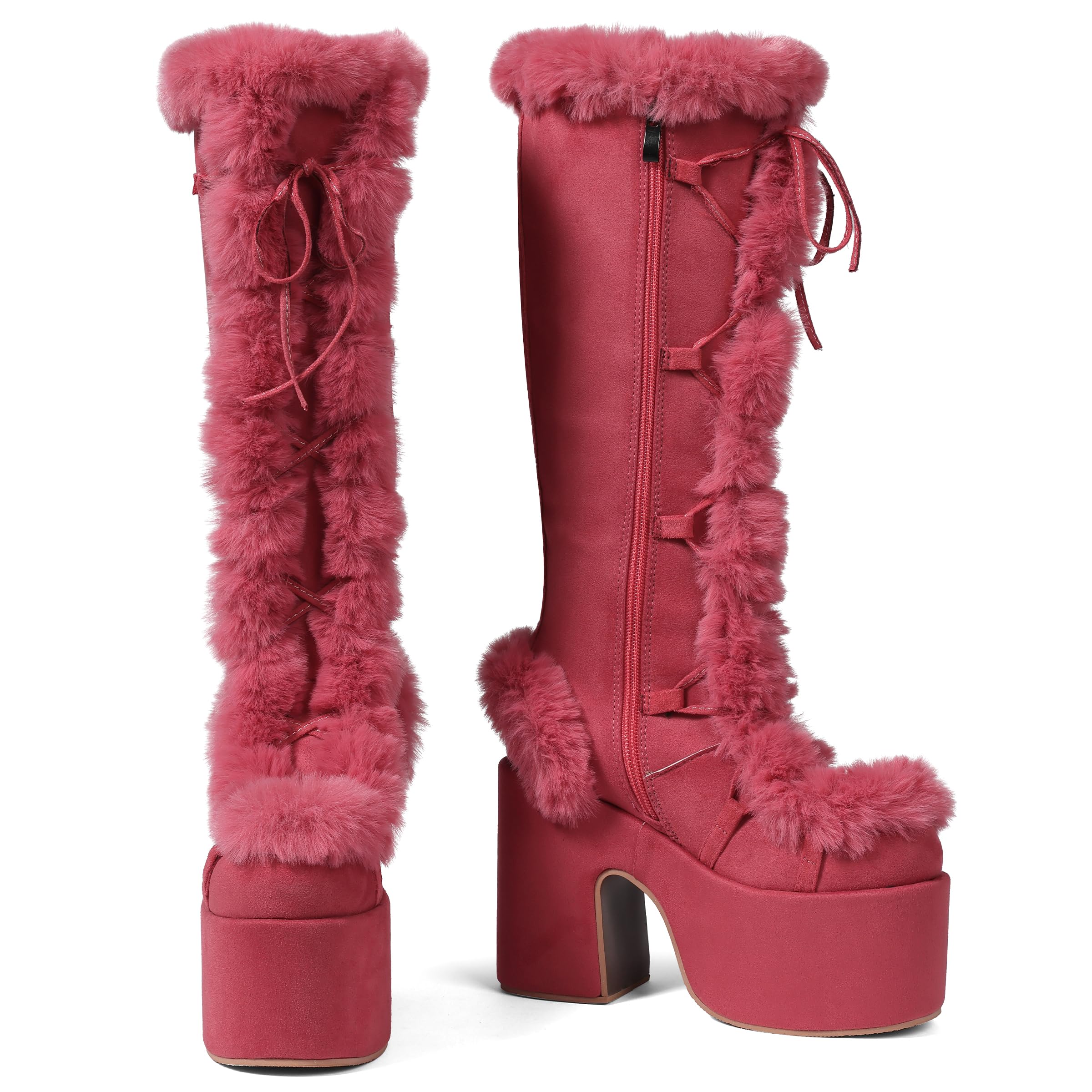 CELNEPHO Knee High Boots For Womens Side Zipper Warm Faux Fur Platform Chunky Heel Punk Goth Walking Winter Snow Boots: 5.5 Red