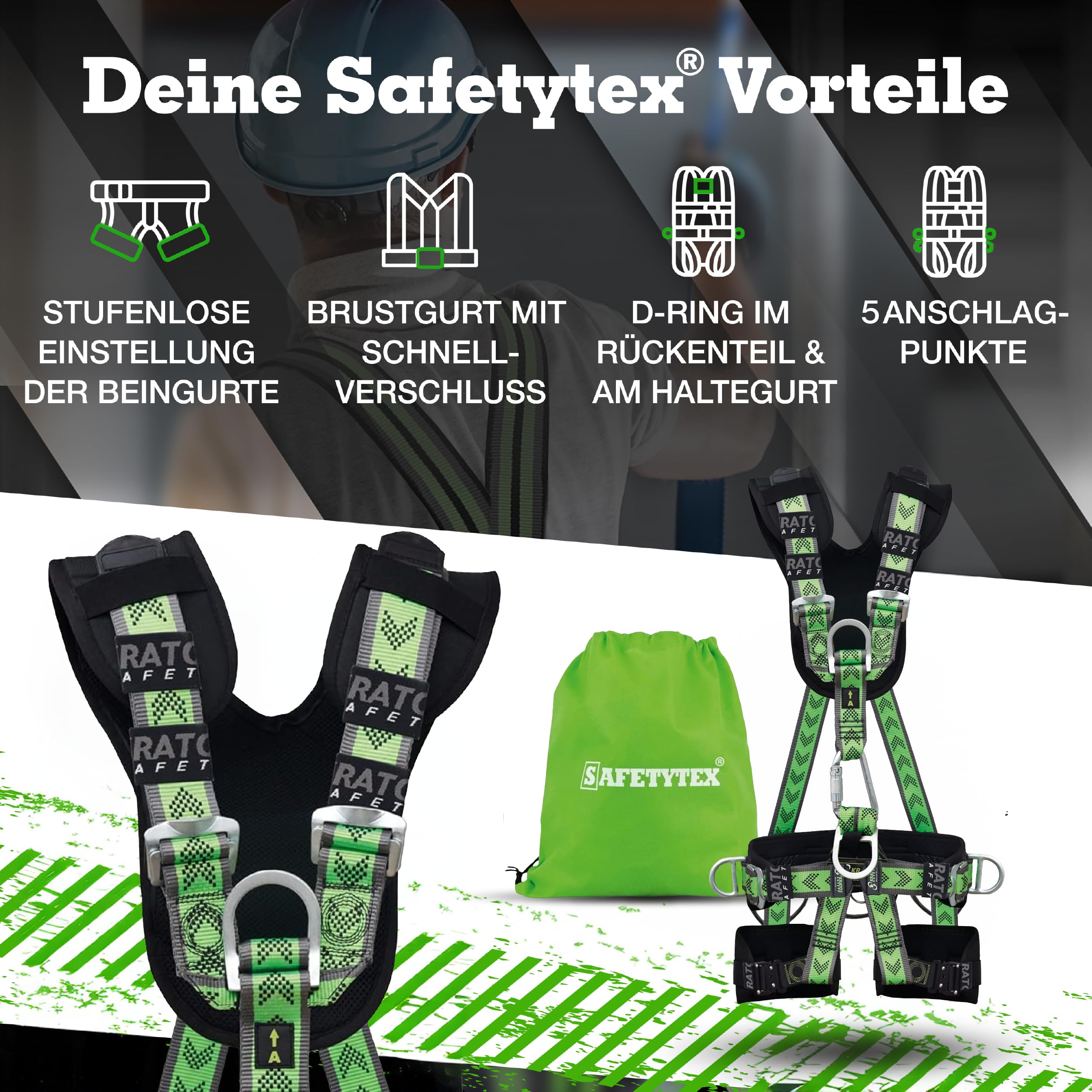 Safetytex 5-Punkt Premium Auffang- und Haltegurt - Fallschutz EN 361 EN 358 EN 813 - Bandfalldämpfer Tragkraft 140 kg - Absturzsicherung