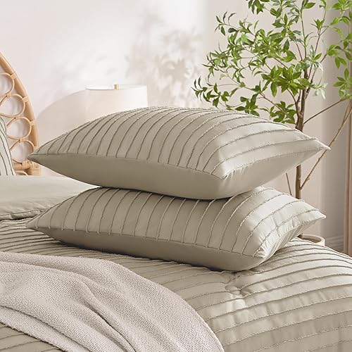 Miniatura 3 de JELLYMONI Paquete de 2 fundas de almohada color caqui tamaño King, fundas de almohada de microfibra suave a rayas con cierre de sobre (almohadas no