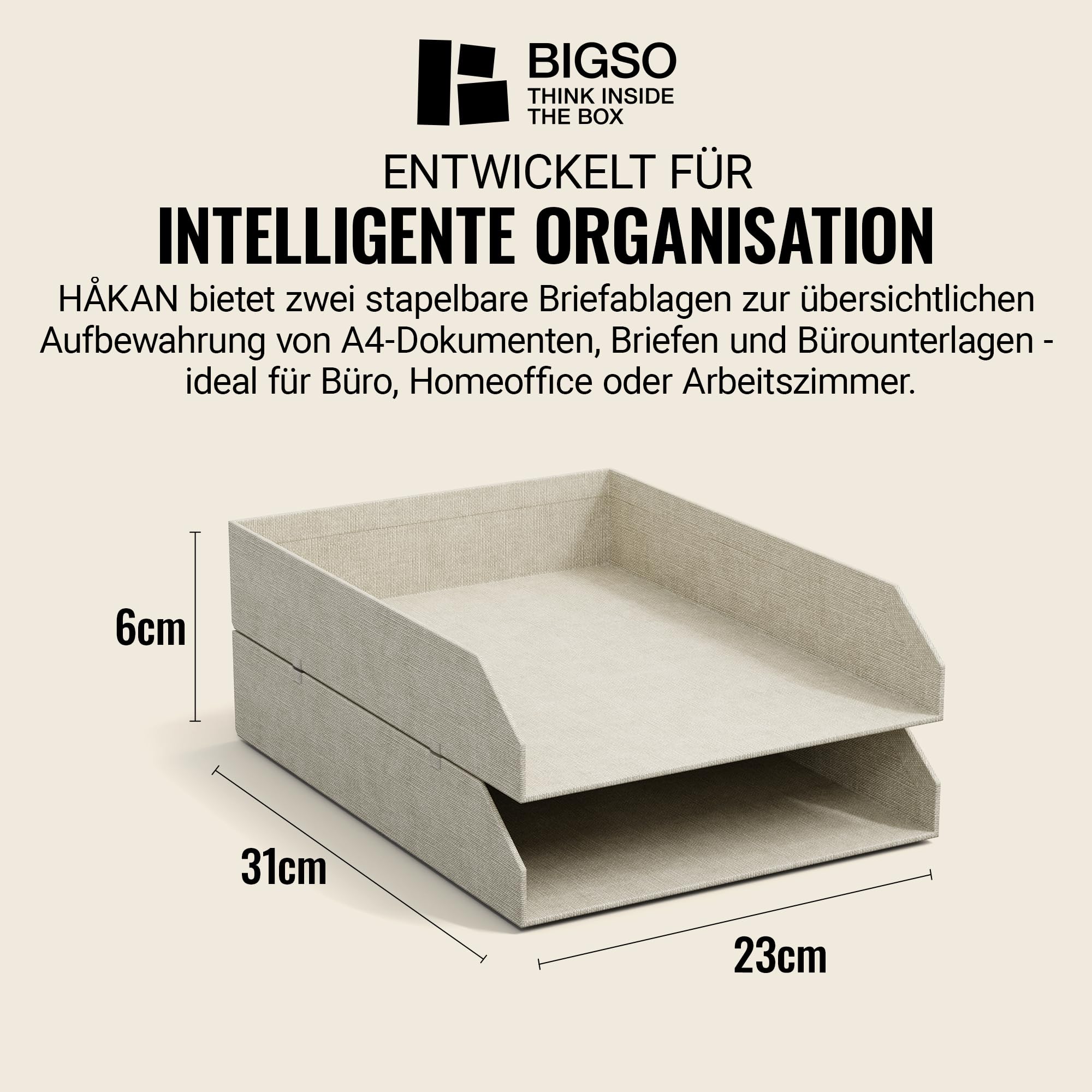 BIGSO Hakan 2er-Set Briefablage A4 – Aufbewahrungsbox stapelbar mit Griff – Schreibtischablage für Briefe, Dokumente & Unterlagen – Ordnungssystem aus Faserplatte mit Papier – Beige