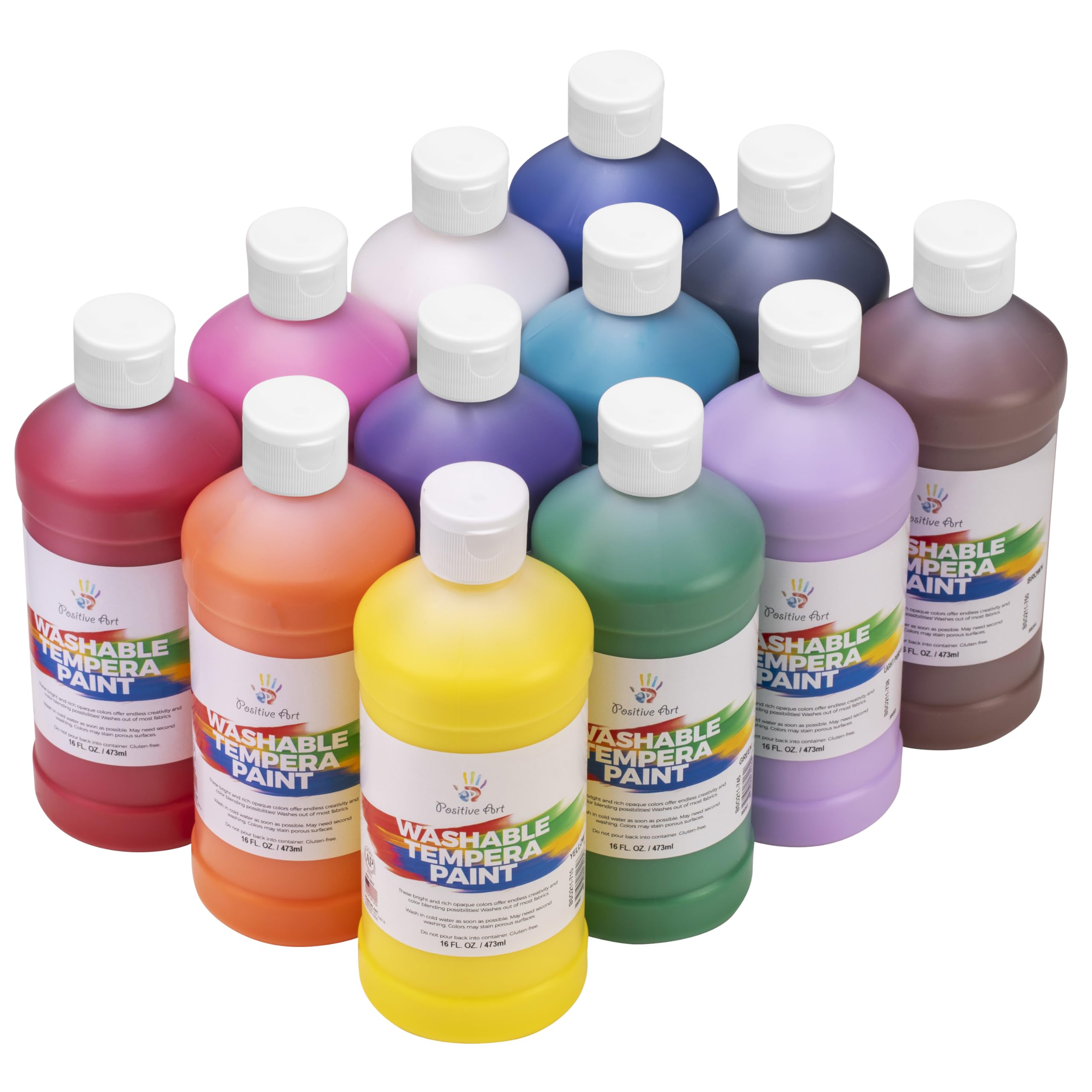 Positive Art Washable Paint for Kids – 12 Colors, 16 oz Bottles – Non-Toxic, Made in USA, Tempera Paint Set for School, Classroom, Art Supplies –