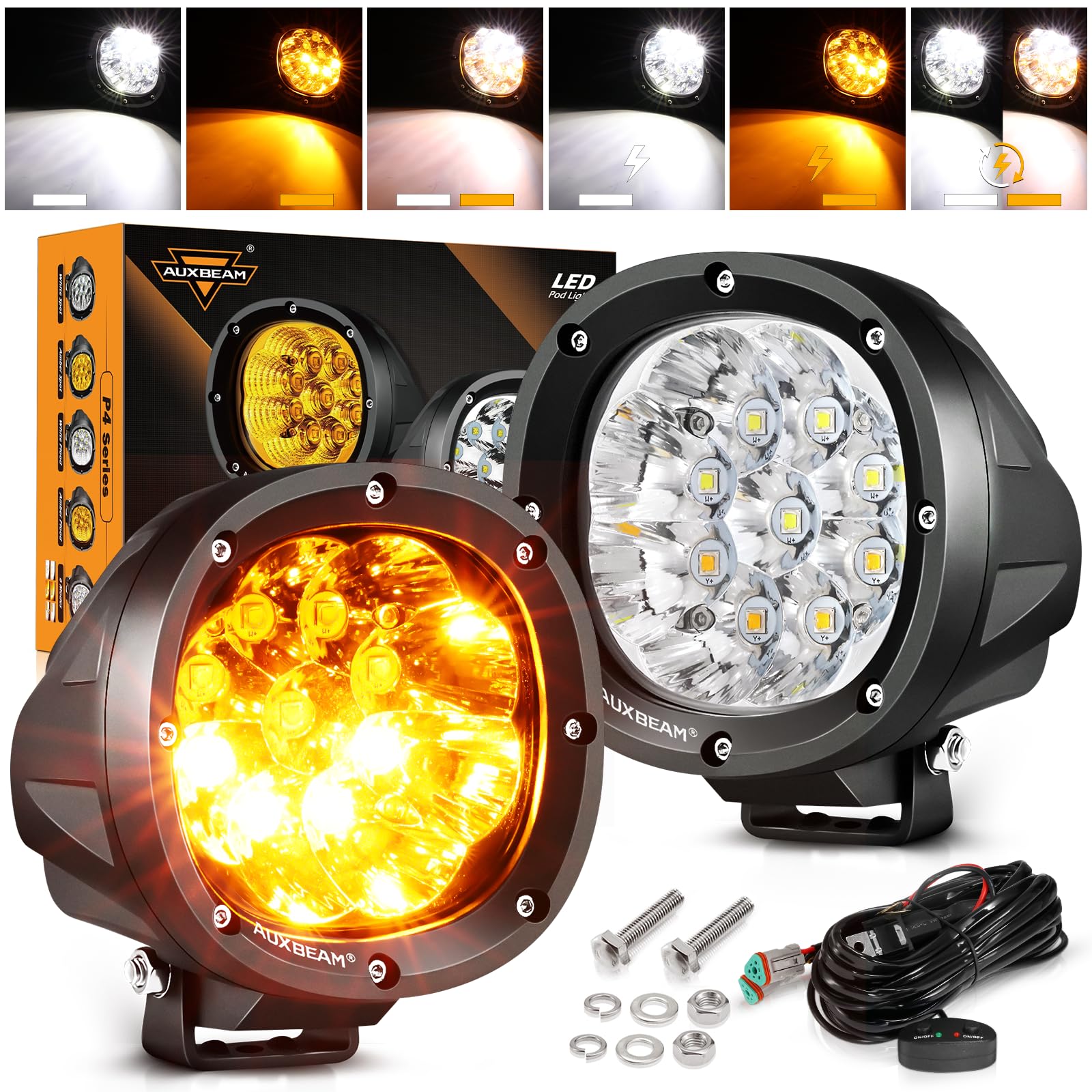 Auxbeam P4 Series 4In Round Offroad Light, 6 Modes Amber White Strobe Pods
