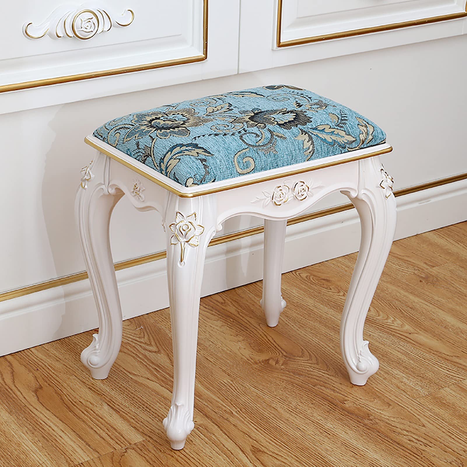 Taburete de tocador blanco estilo barroco con patas de madera para dormitorio