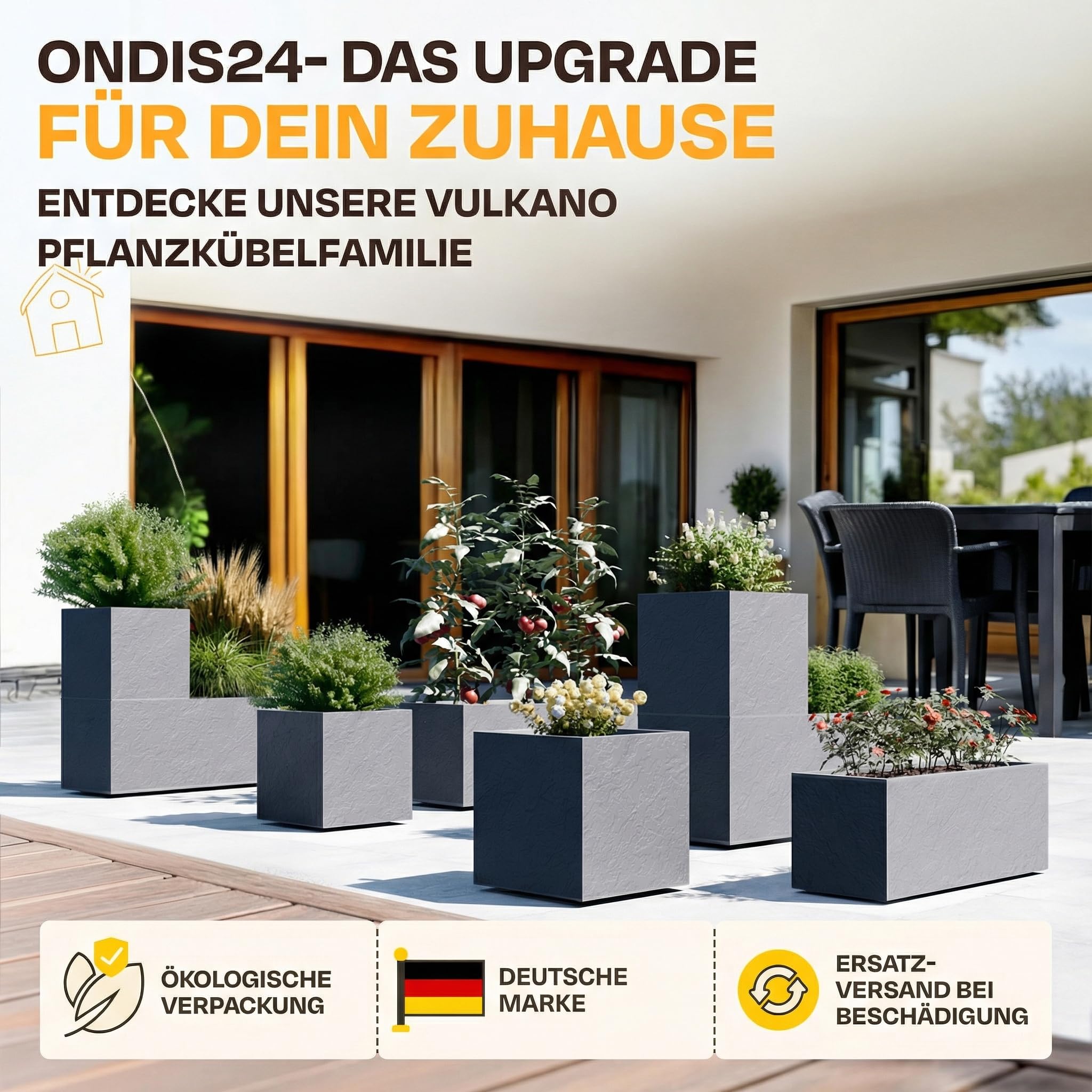 Ondis24 2X Pflanzkübel Vulkano, je 50L Pflanzvolumen, rechteckig, Blumenkasten mit Wasserspeicher, Balkon Terrasse, Blumenkübel, Doppelpack (Anthrazit)