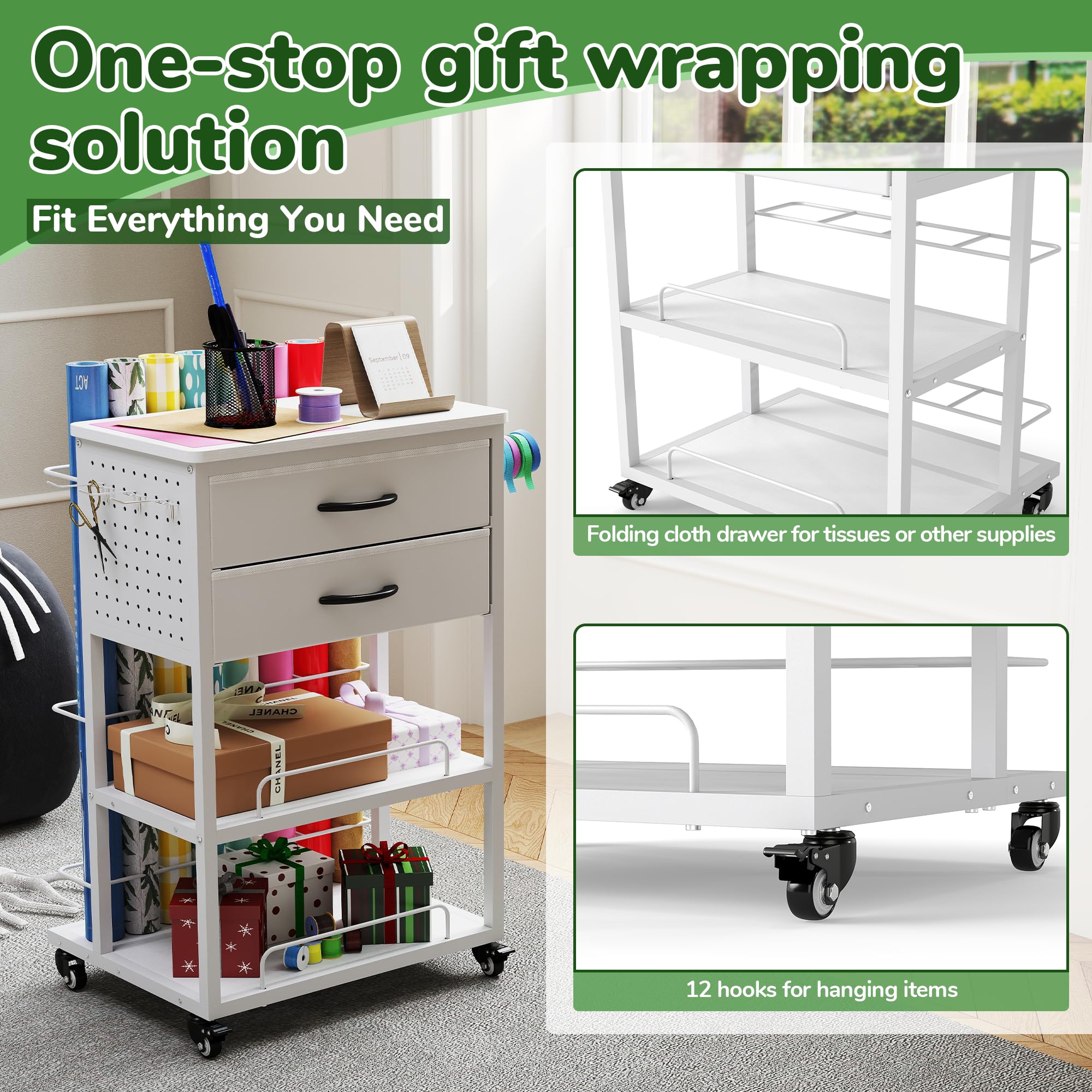 Chariot de rangement Cricut compatible avec la machine Cricut, à roulettes 2 tiroirs pliables en tissu table d'artisanat support en vinyle