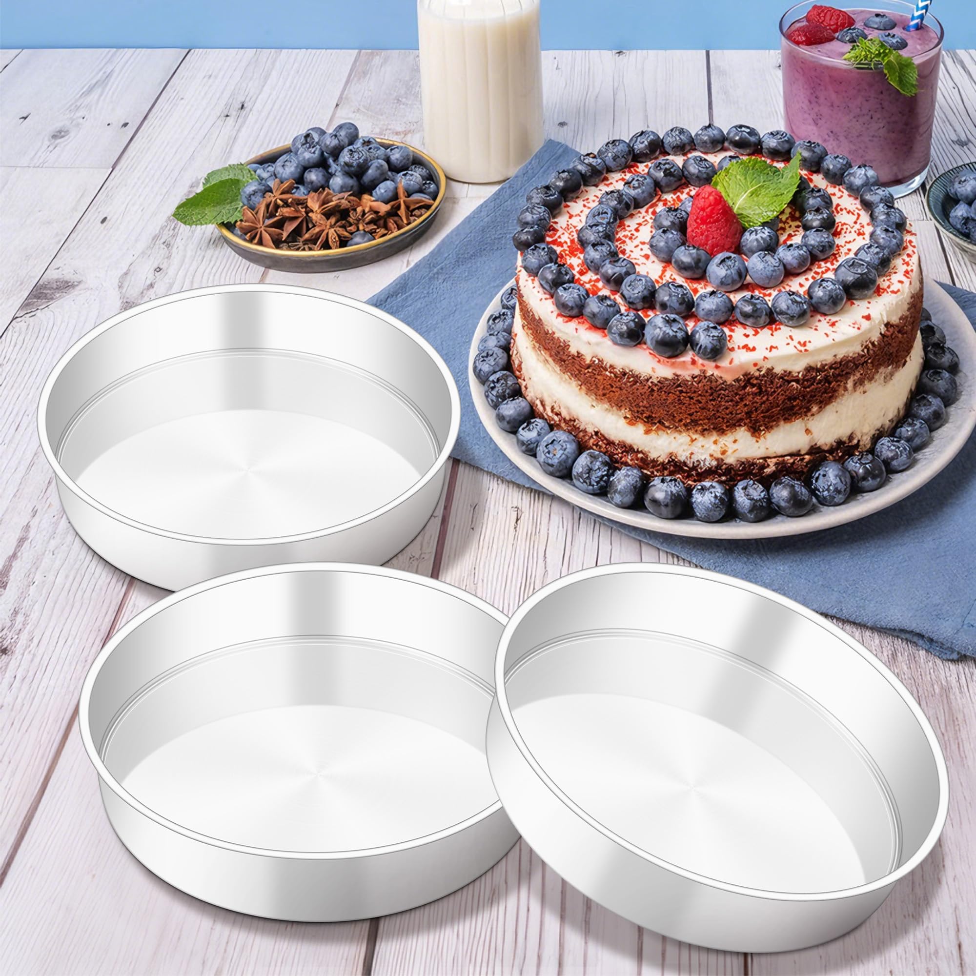 HaWare Juego de 3 moldes redondos de acero inoxidable para hornear, asar y servir, molde para tartas de cumpleaños, boda, saludable y no tóxico, pulido con espejo y apto para lavavajillas (23 cm)