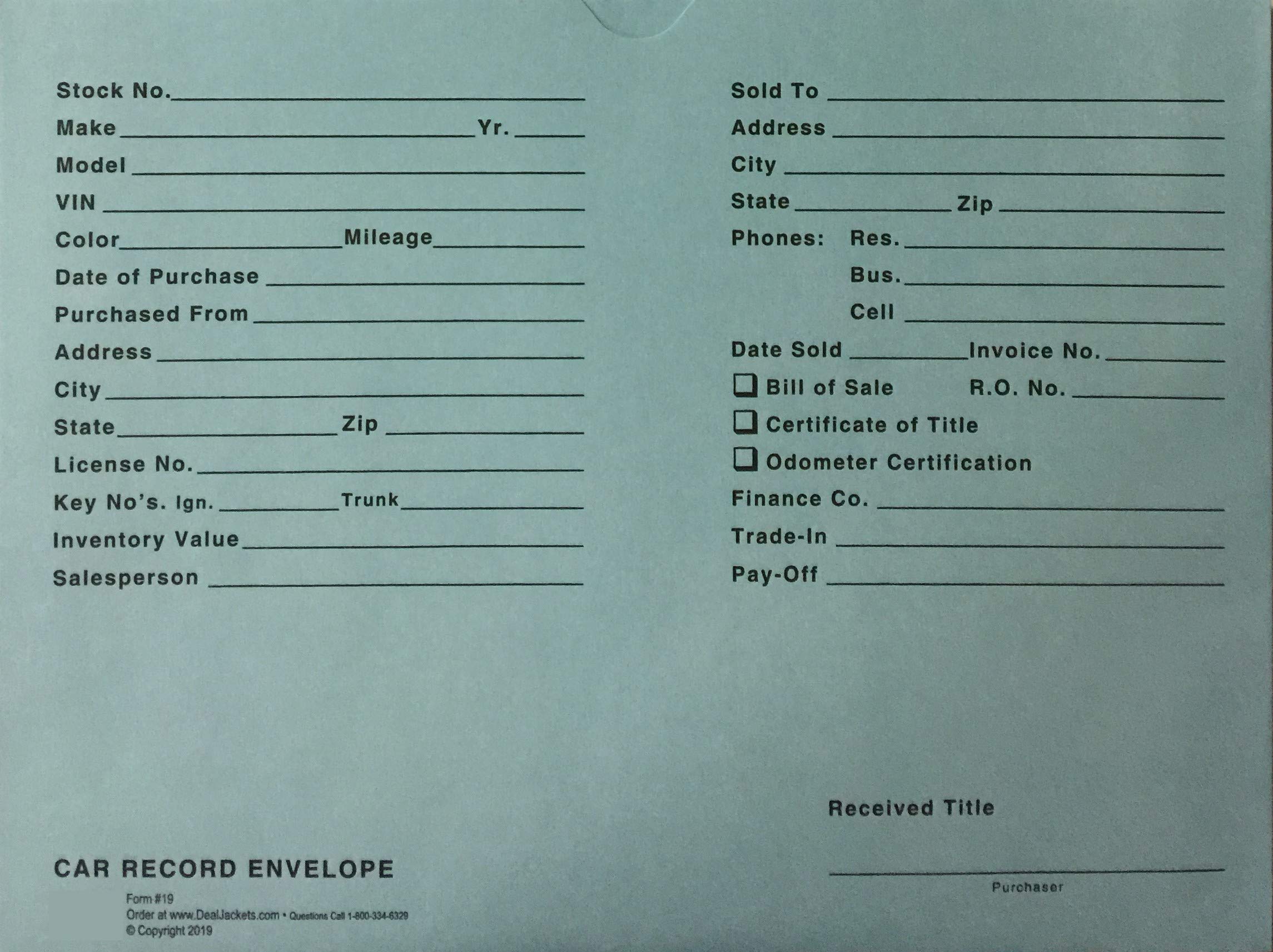 Used Car Record Envelope – Qty. 500 – Wholesale Auto Dealer Supplies