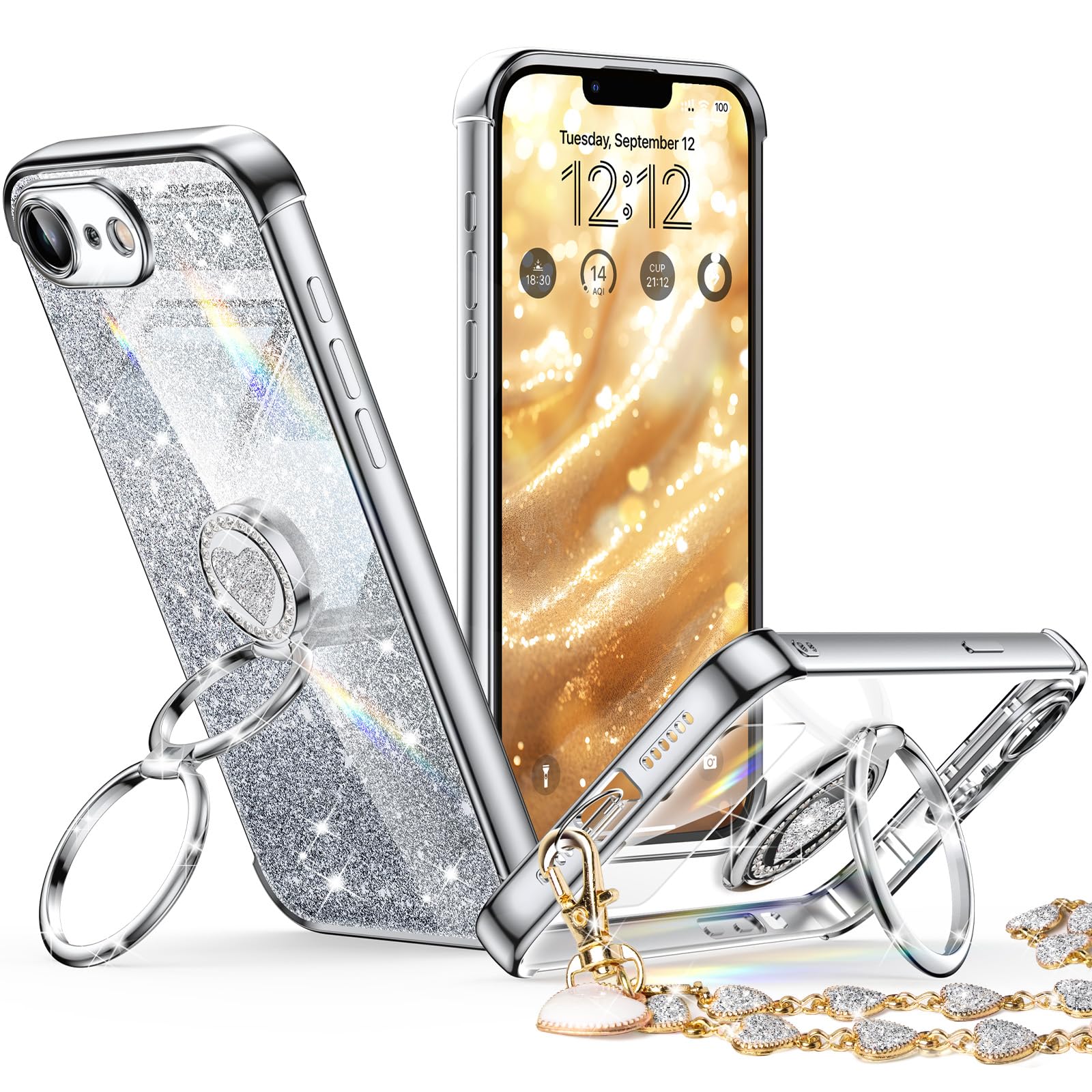 Coque iPhone 16E pailletée avec béquille intégrée et anneau de support - 8
