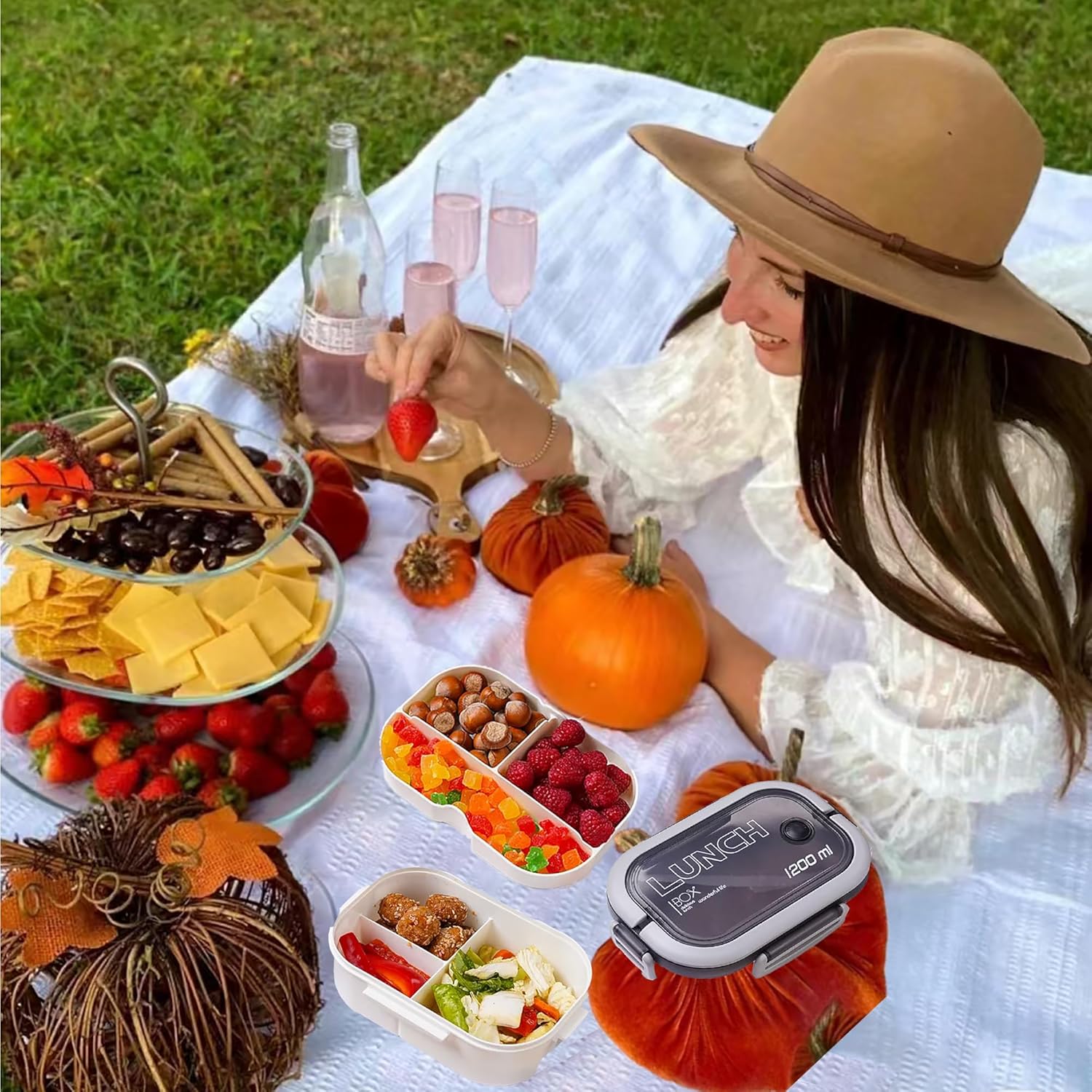 Bento Box Adult, Lunch Box for Men and Women, 1200ML Leak-proof Double-layered with Handle Lunchbox, Reusable BPA-Free Lunch Container, Microwave/Dishwasher Safe, Snack Box with Cutlery Set, White - Image 7