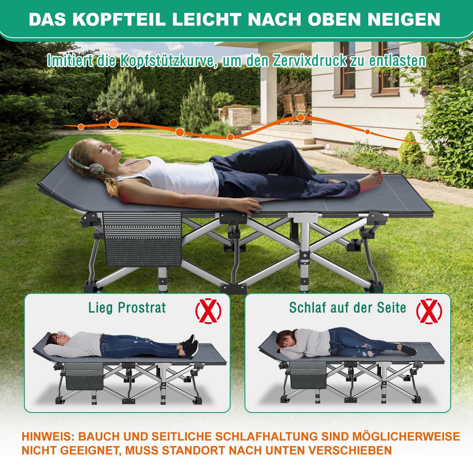 Camping Bett mit Matratze, Max Load 200KG Folding Camp Cot 190x71x36 cm, Stahlrahmen und Pxford Fabric Oberfläche, Filed Bett Gästebett für Erwachsene Indoor Outdoor Camping Garten Büro