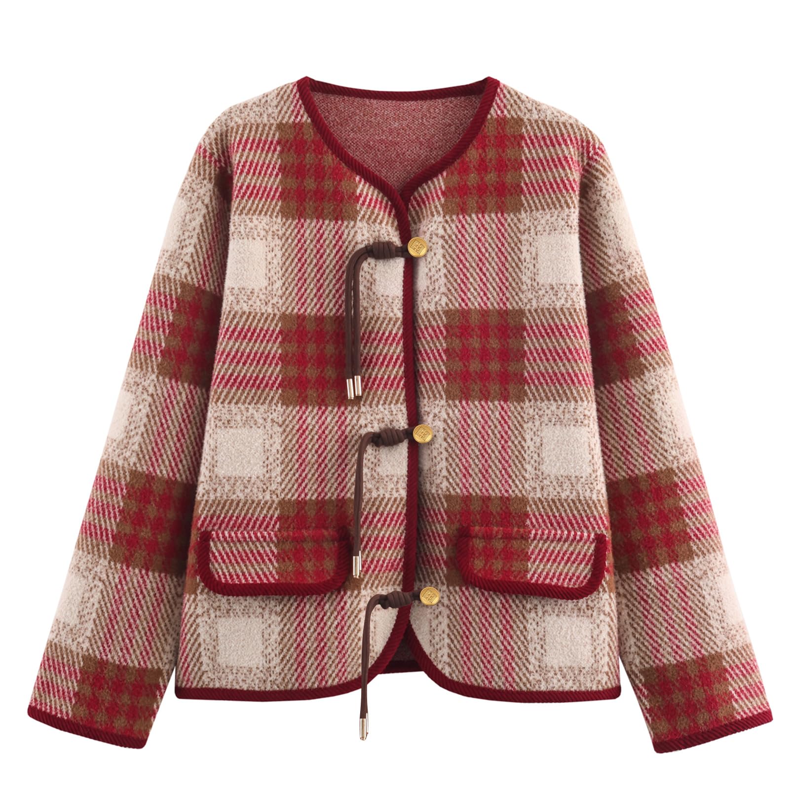 HOULENGS Womens Vintage Button Down Cardigan Sweater Plaid Print Long Sleeve Knit Coat Fall Fashion Outerwear with Pockets