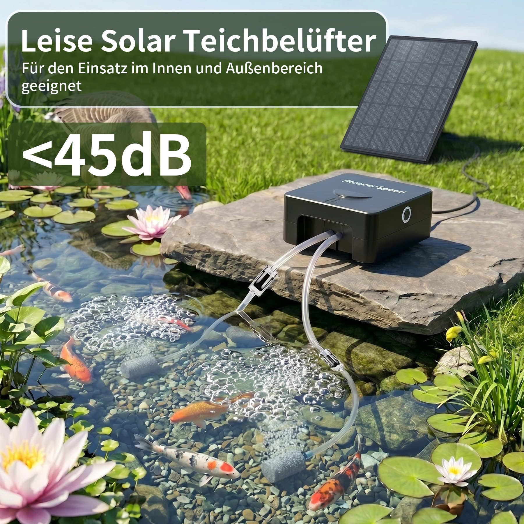 Forever Speed Solar Teichbelüfter mit Akku Leise, Auto Energieeinsparung Sauerstoffpumpe für Kleiner Teich Aquarium, Aufladbar Teichbelüfter Solar USB Doppelladen