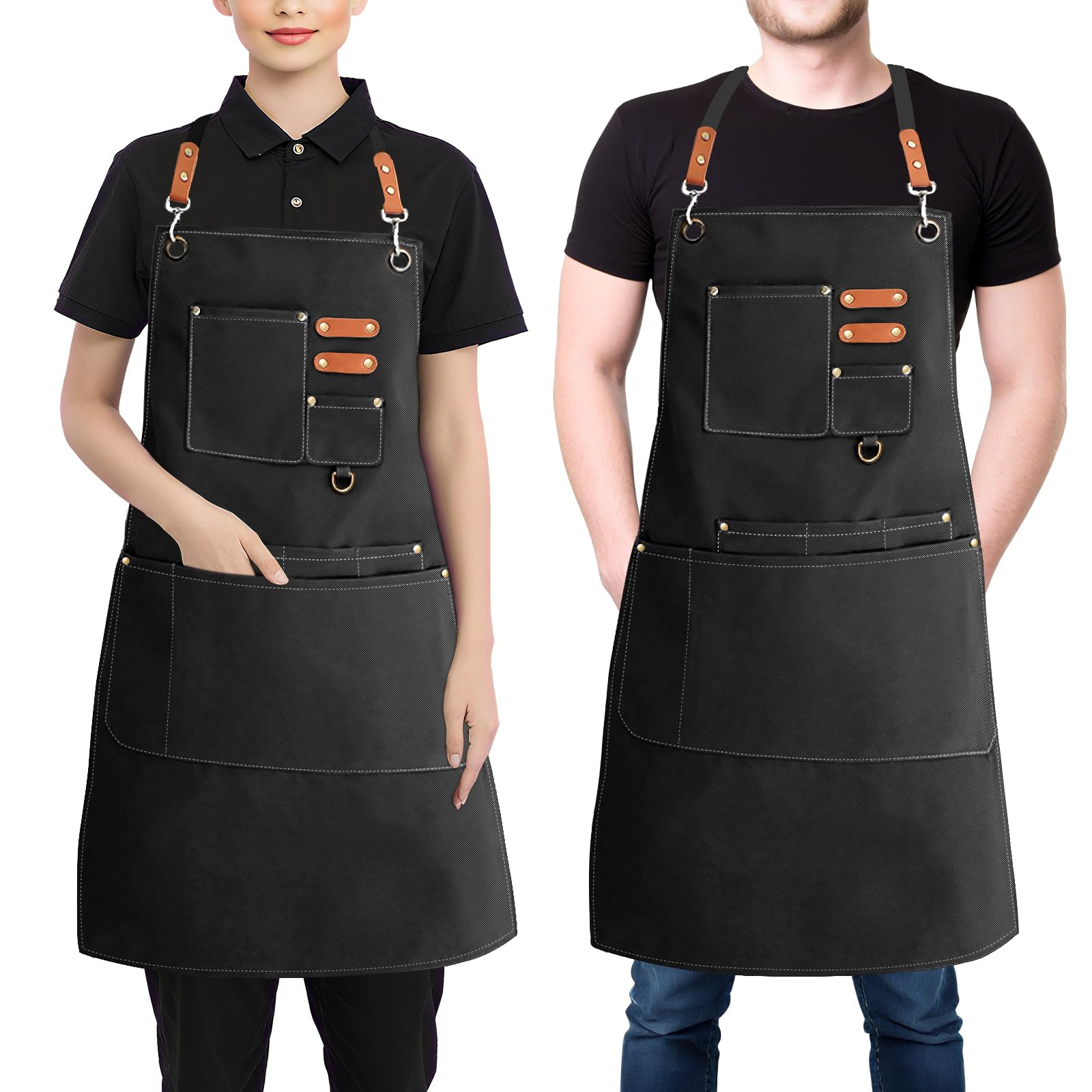 Aprons for Women Men, Cotton Canvas Chef Apron with Adjustable Strap & Large Pockets, Cross Back Work Aprons for Kitchen Cooking, Baking, Gardening, Painting, Artist, One Size Fits All