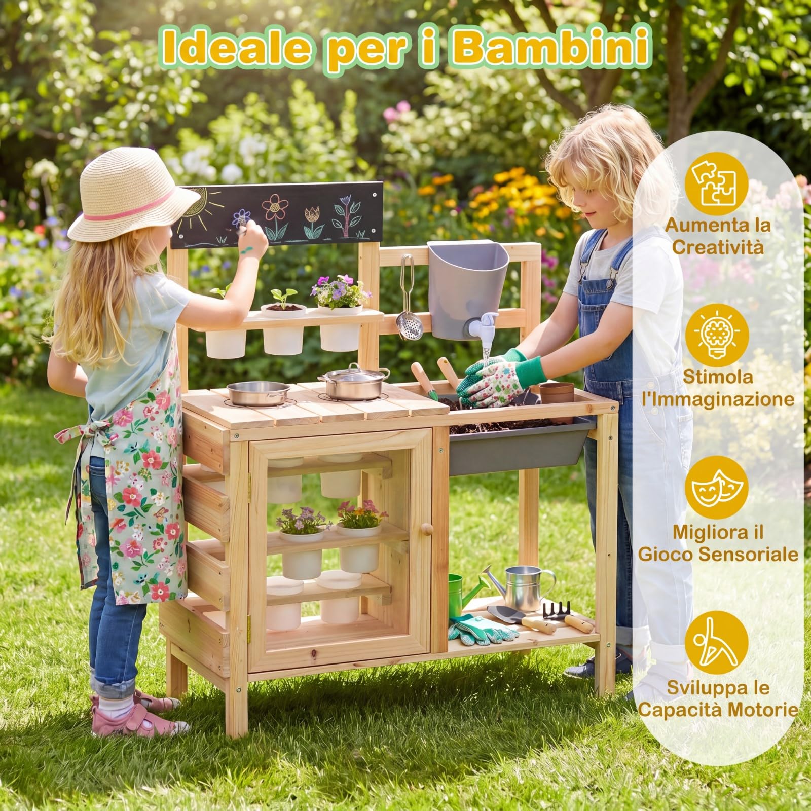 COSTWAY Cucina per Bambini in Legno, Cucina di Fango da Esterno con Serbatoio, Lavello, 12 Vasi di Fiori Rimovibili, Lavagna, Ripiano Inferiore e Accessori per Cucinare per Bambini 3+ Anni
