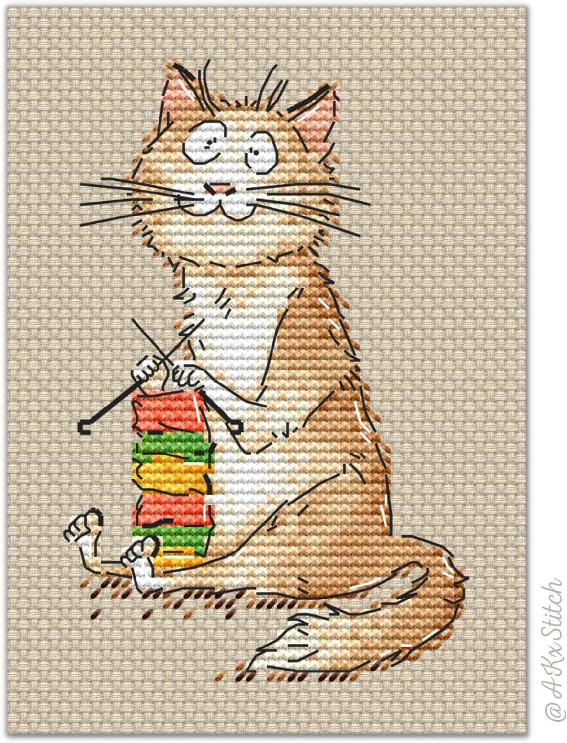 Knitting Mad Crafty Cat Cross Stitch KIT PDF Chart, Funny Cute Embroidery Pattern of Adorable Kitten Crocheting Scarf with Wool Yarn