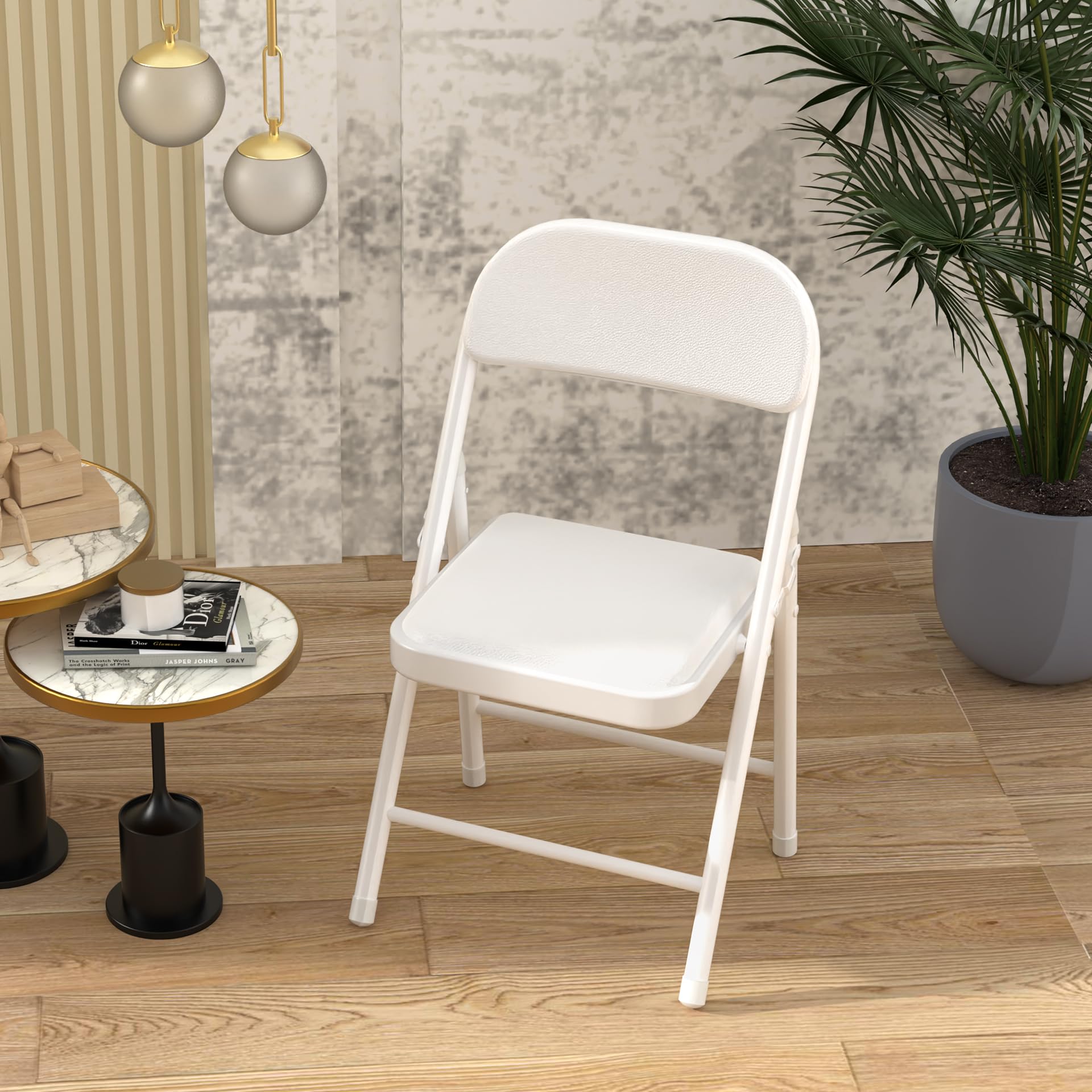 Set di 4 sedie pieghevoli, sedie da sala da pranzo in PU, telaio in metallo, con schienale, 47 x 32 x 98 cm, per soggiorno, ufficio, sala da pranzo, bianco