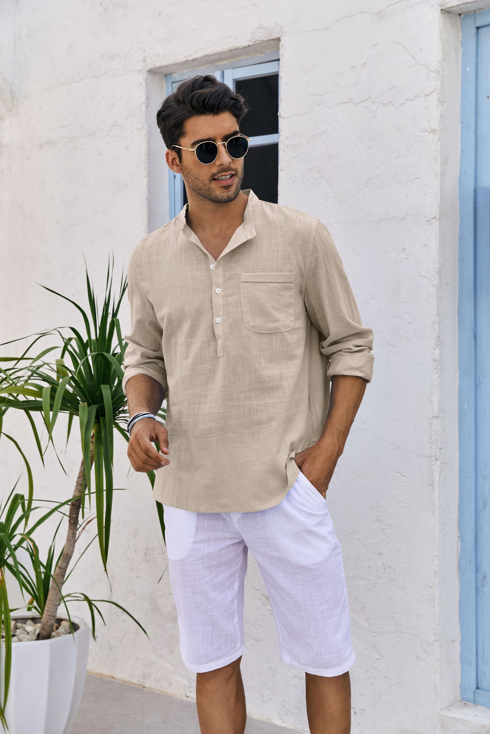 Runcati Camicia da uomo in lino a maniche lunghe, in cotone e lino, per il tempo libero, vestibilità normale, camicia estiva