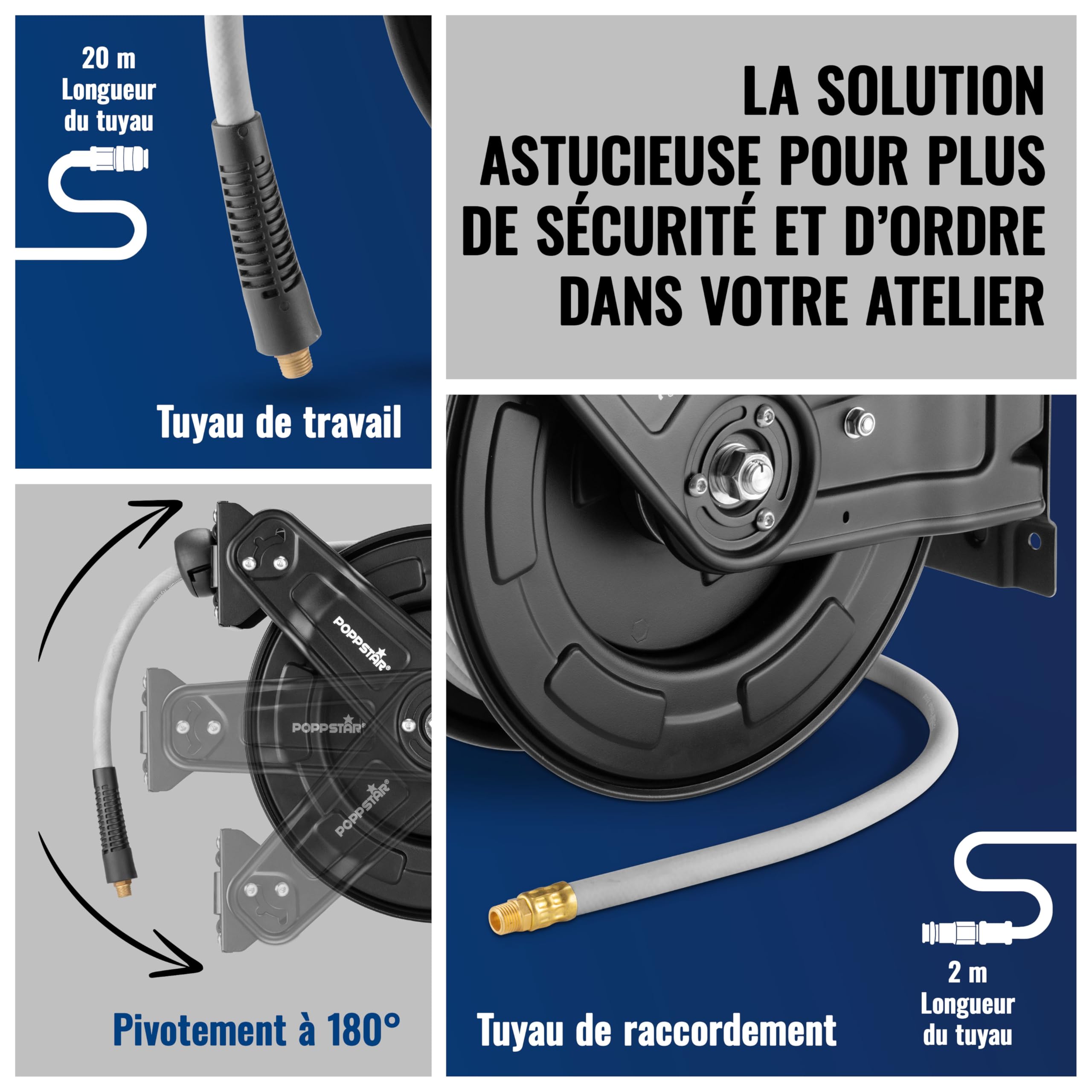 Poppstar Enrouleur de tuyau d'air comprimé en acier (20m+2m, diamètre (9,2x15mm)), raccords 1/4 pouce BSPT