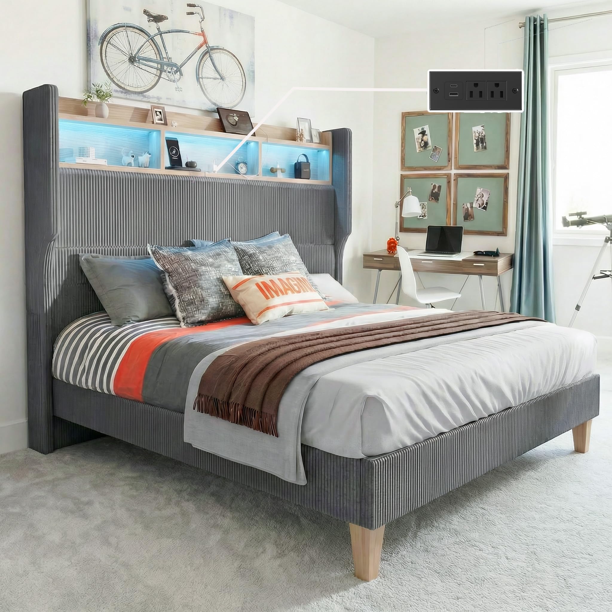 King Size Bed Frame with 51 Tall Headboard LED Lights Charging Station Corduroy Upholstered Platform Bed with Storage