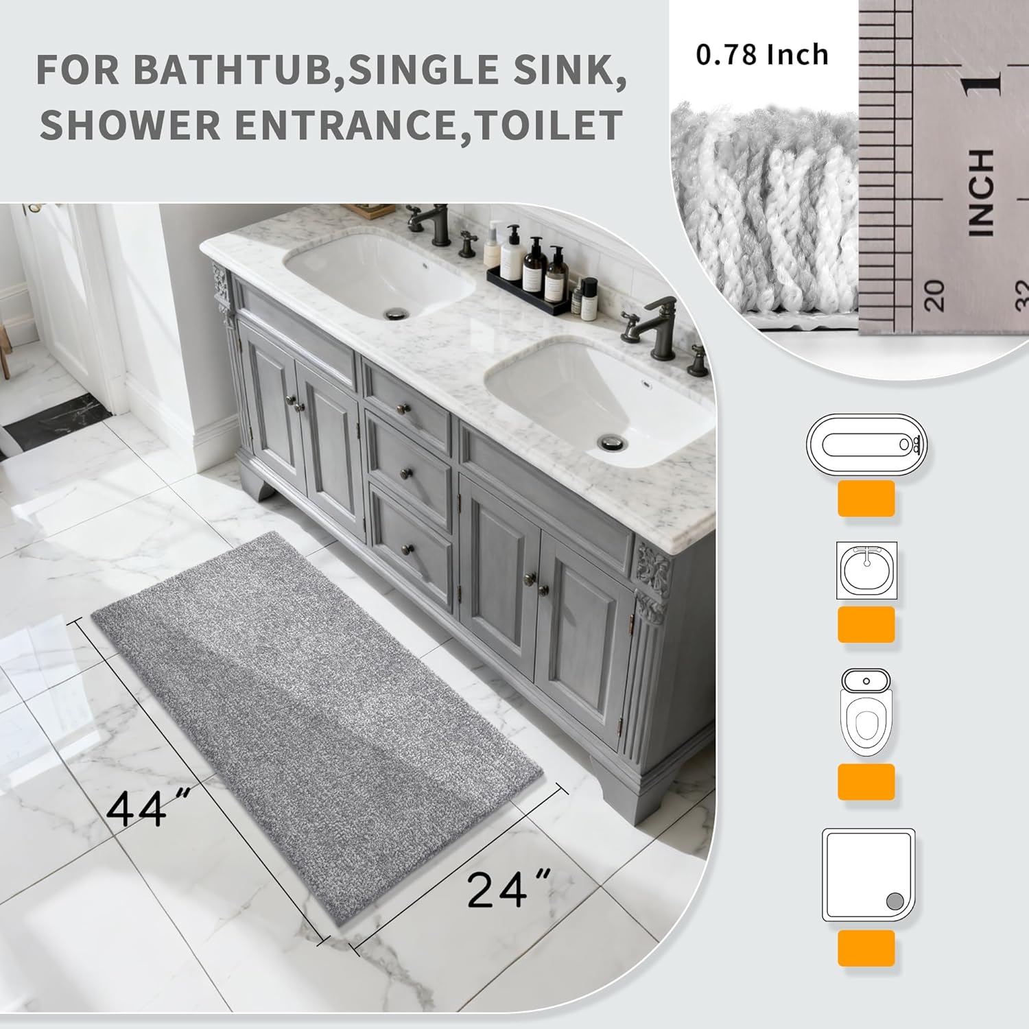 Yimobra Long Bathroom Rug Non Slip Washable, Soft Absorbent Microfiber Bath Mat, Dual-Tone Decor Rug with Rubber Backing for Bathroom Floor Tub and Shower,44x24,Home Essentials,Grey and White - Image 2