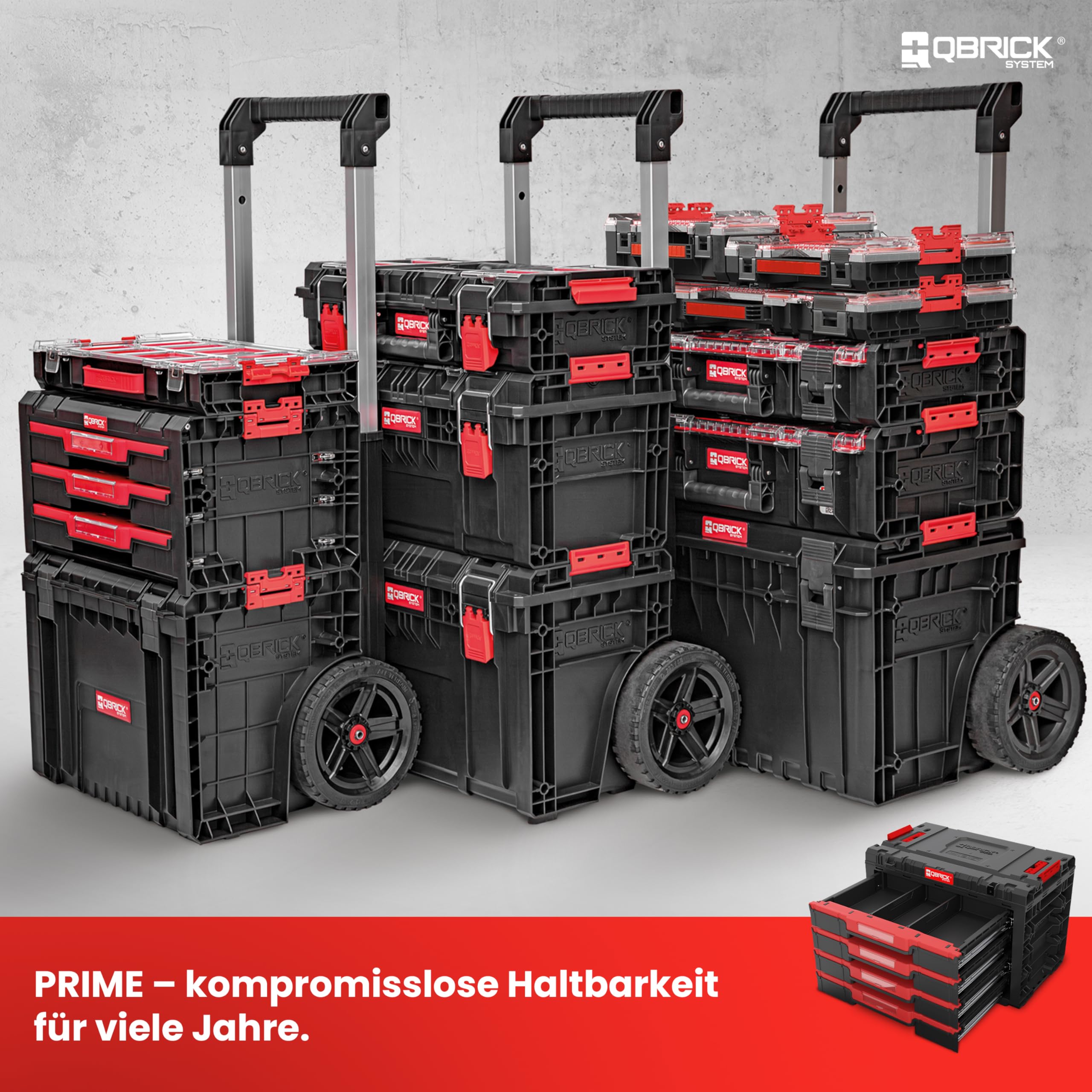 Qbrick System Werkzeugkoffer Sortierbox Leer - 4 Schubladen - Werkzeugkiste - 542 x 335 x 369 mm Schwarz
