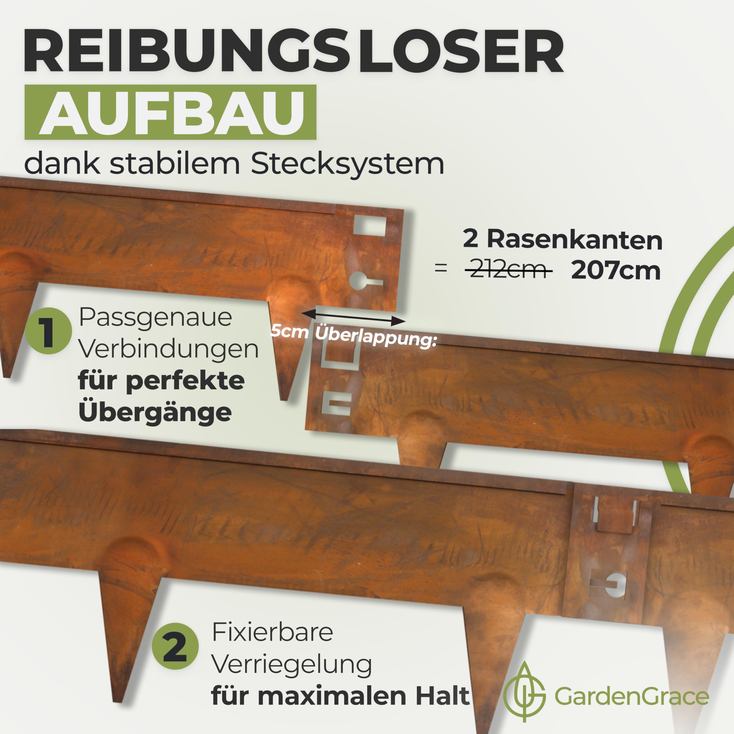 GardenGrace Cortenstahl Rasenkante mit runder Kante 5m x 1,5mm,16cm hoch - Premium Beeteinfassung Metall - Flexible Beetumrandung aus Edelrost Stahl für Garten| Rasenbegrenzung| (5)