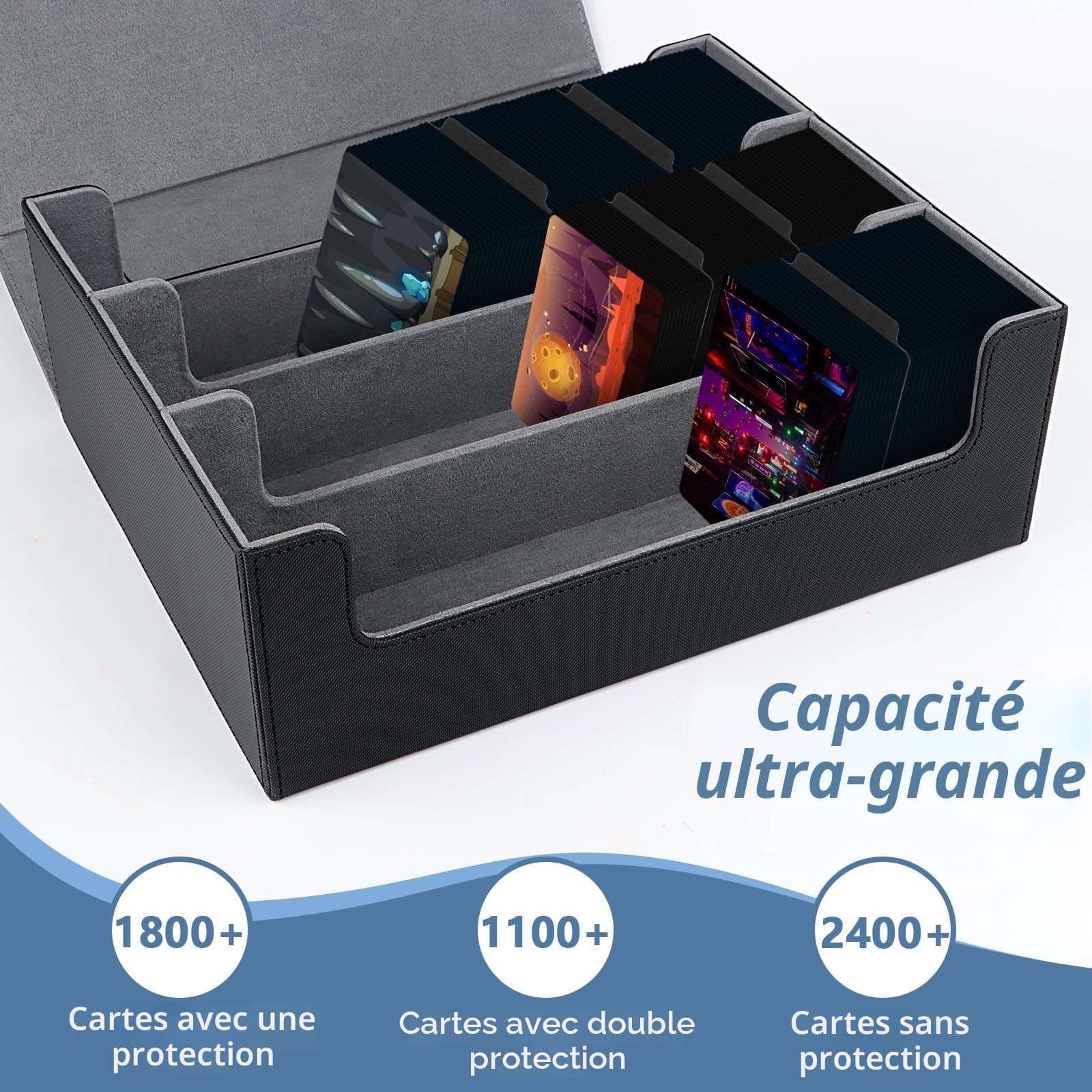 NVIYAM Deck box 1800+ Boîte à Cartes Pour MTG carte Magic,Boîte à Cartes à Jouer avec 10 Séparateurs de Cartes,Noir+Gris Boîte à Rabat Magnétique Avec Cuir Pu Pour Cartes Magic Commander TCG
