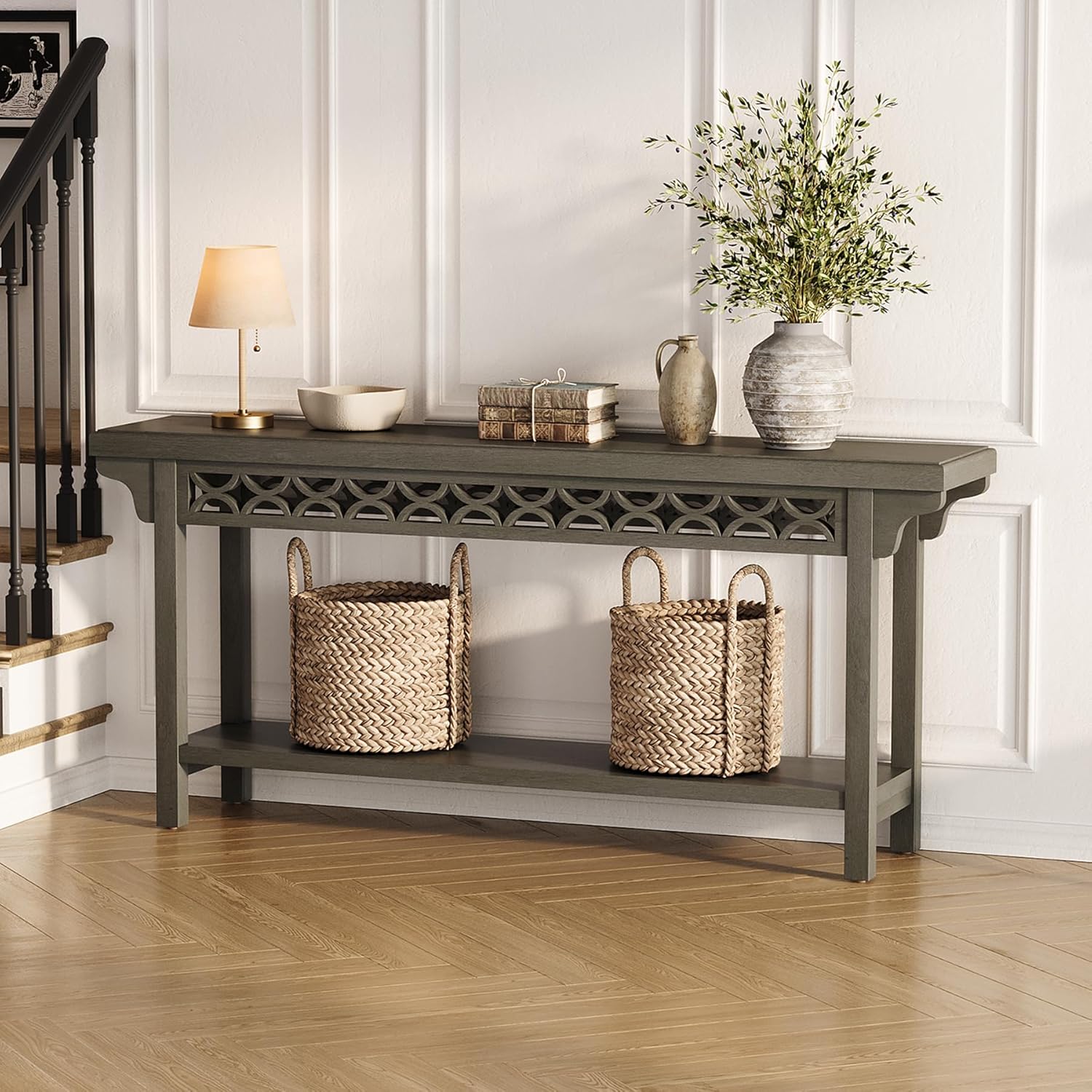 LITTLE TREE 70.87-Inch Long Console, Solid Wood Farmhouse Narrow Entryway Table with Shelf, Rustic Sofa Table for Living Room, Hallway, Dark Grey