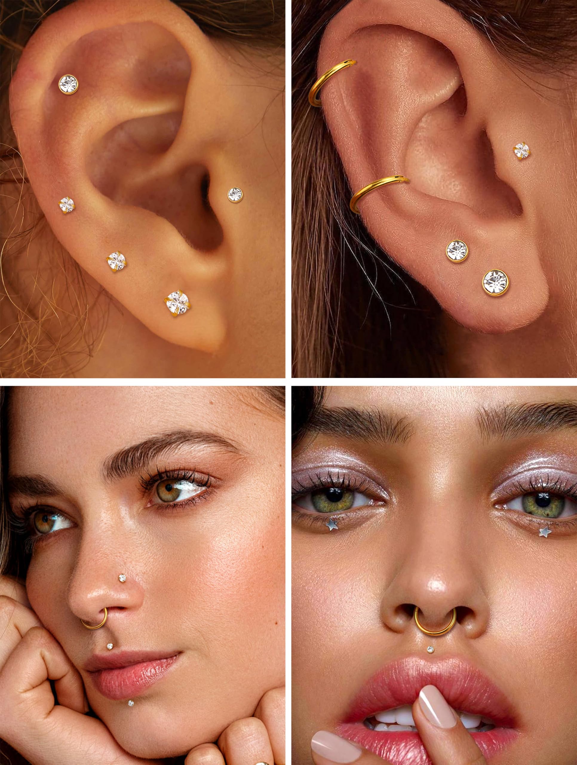 CASSIECA 12Pcs Piercing Labret Acero Quirurgico Piercing Nariz Piercing Oreja para Mujer Hombre Piercing Tragus Helix Labio con Circonita Cúbica Cartílago Monroe Piercing Joyería 20G/18G/16G