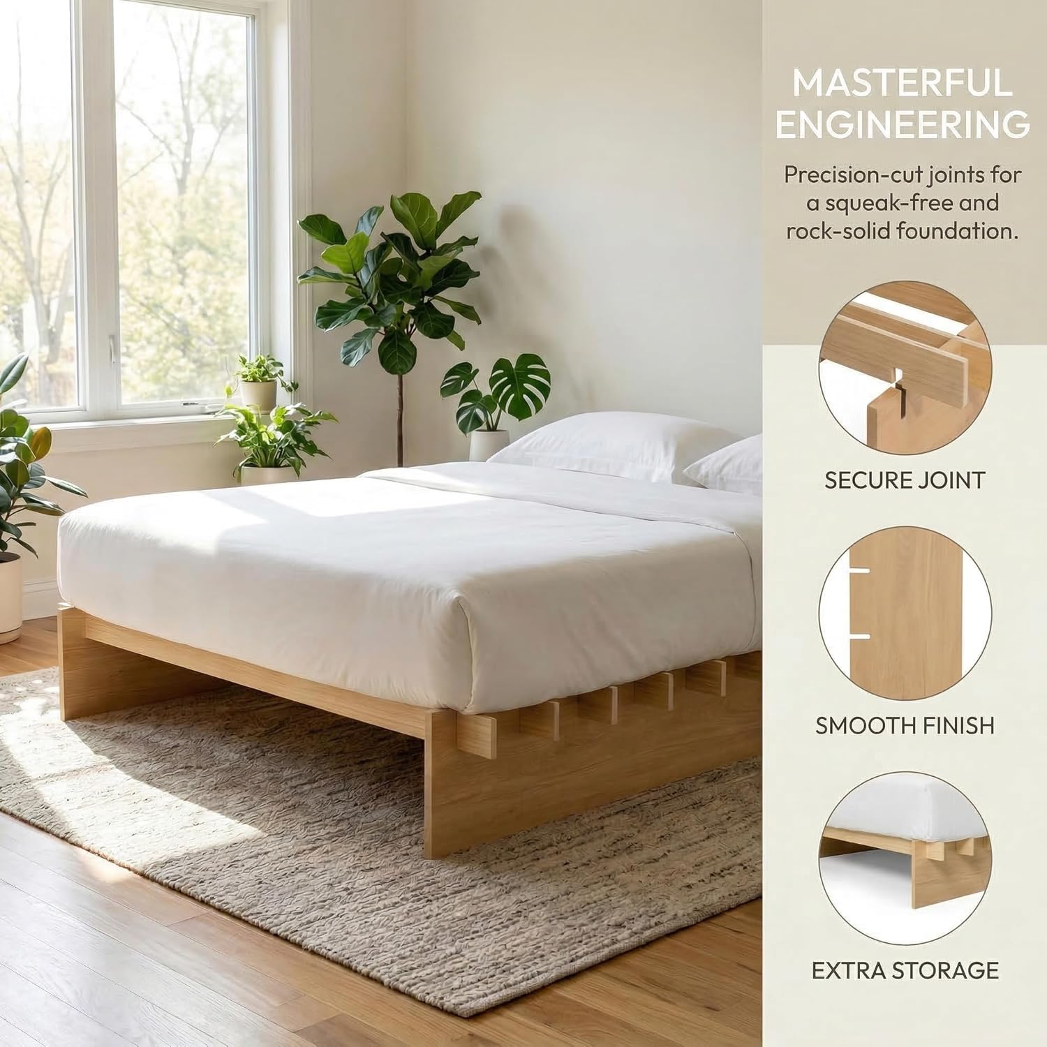 XIAO WEI Queen Wood Platform Bed Frame, Queen Size Bed Frame with Wood Slat Support, Japanese Joinery with 8" Under-Bed Storage, No-Tool Assembly, No Box Spring Needed, Noise Free, Natural