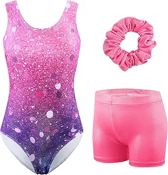 HOZIY Girls Gymnastics Leotards Outfits Sparkly Bow Back Unitards Biketard with Tumbling Shorts Hair band Kids 3-10 Years