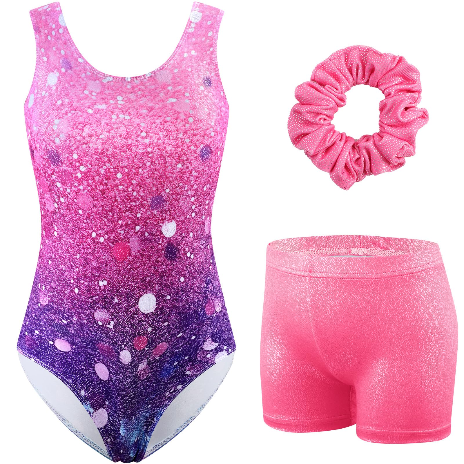 HOZIY Girls Gymnastics Leotards Outfits Sparkly Bow Back Unitards Biketard with Tumbling Shorts Hair band Kids 3-10 Years