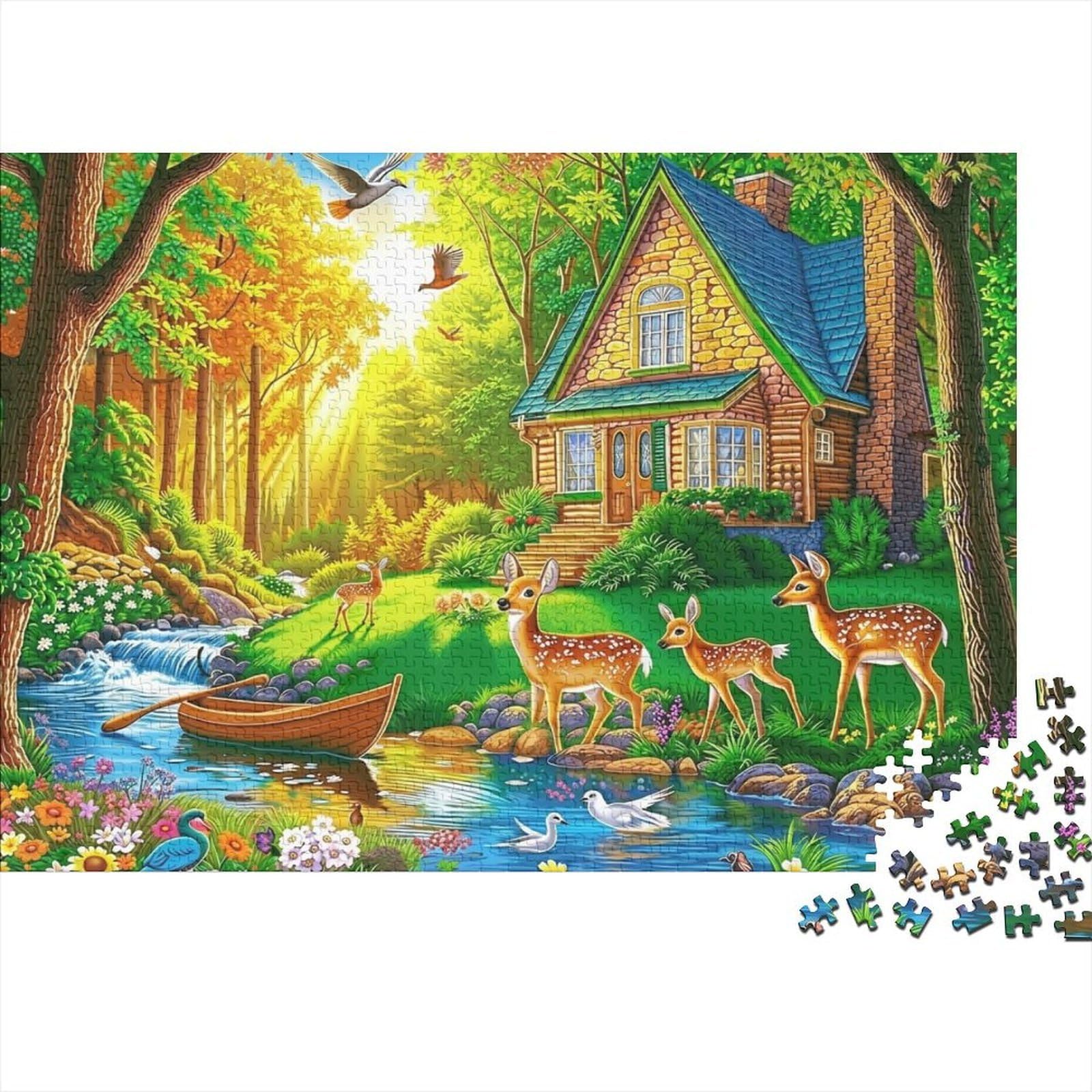 Forest Cabin 1000 Piece Jigsaw Puzzle Puzzle Game for Family Stream Deer Jigsaw Puzzle for Adults Relaxation Home Decor 70x50cm/1000pcs