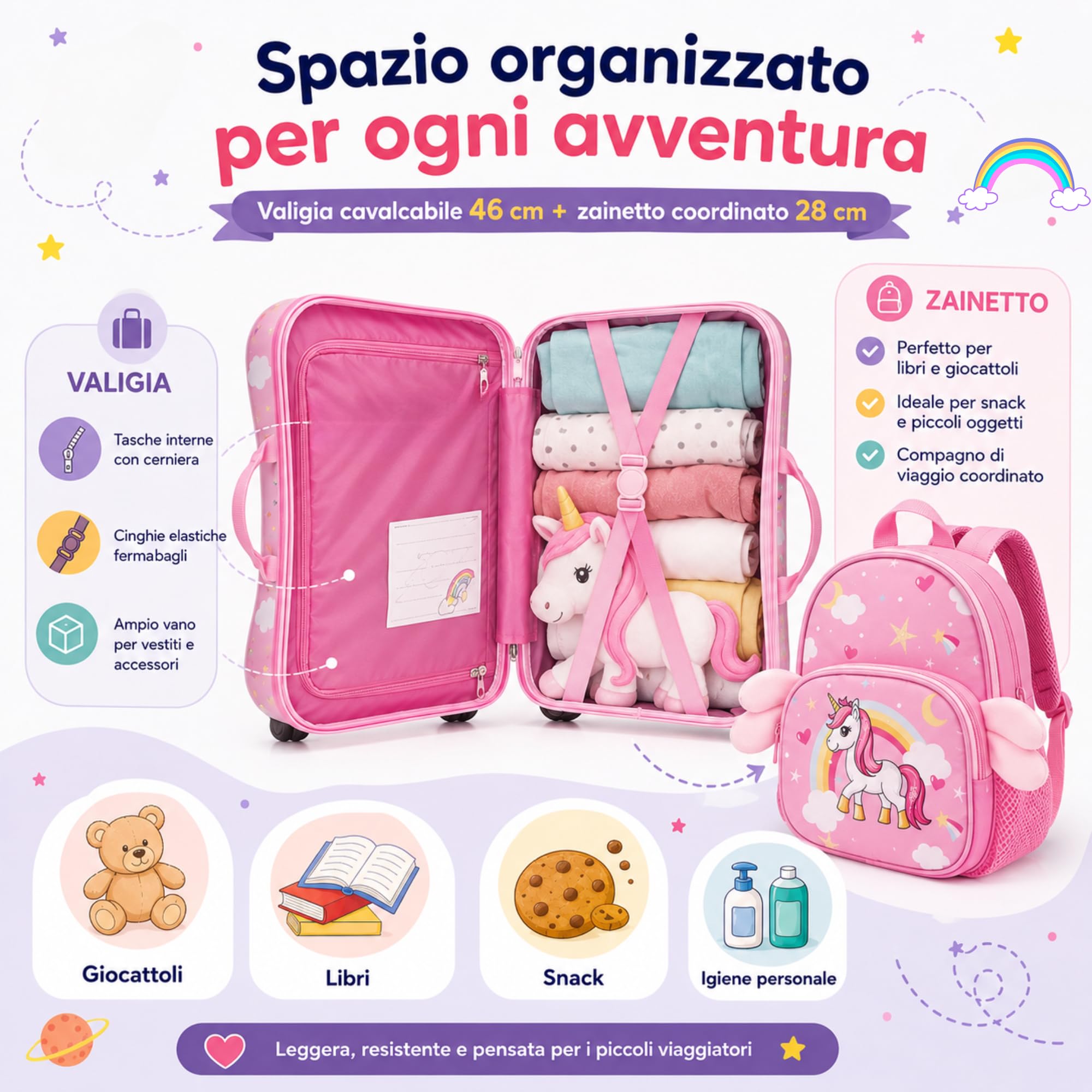 Valigia Cavalcabile per Bambini 2 in 1 con Zainetto Bagaglio a Mano Rigido 47x26x36 cm Trolley Ruote Spinner 360 Asta Telescopica Cinghia Traino Fantasia Unicorno