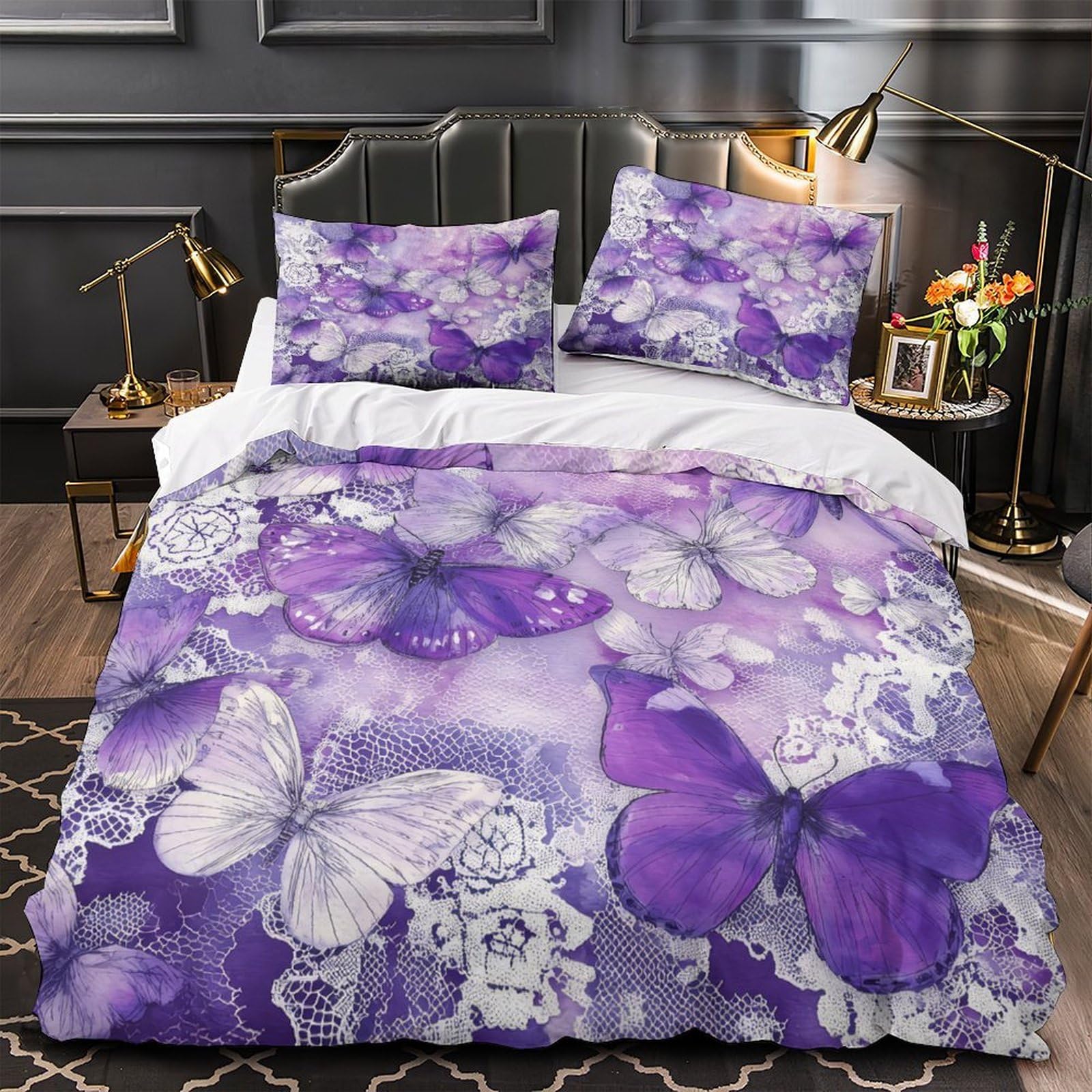 MMDASBVPE Purple Butterflies Duvet Cover 3D Design Printed Anti-allergic 3 Pieces Bedding Set Zipper Quilt Cover Hotel Quality Wrinkle-Resistant for Adults Kids Women Teens Youth Double（200x200cm）