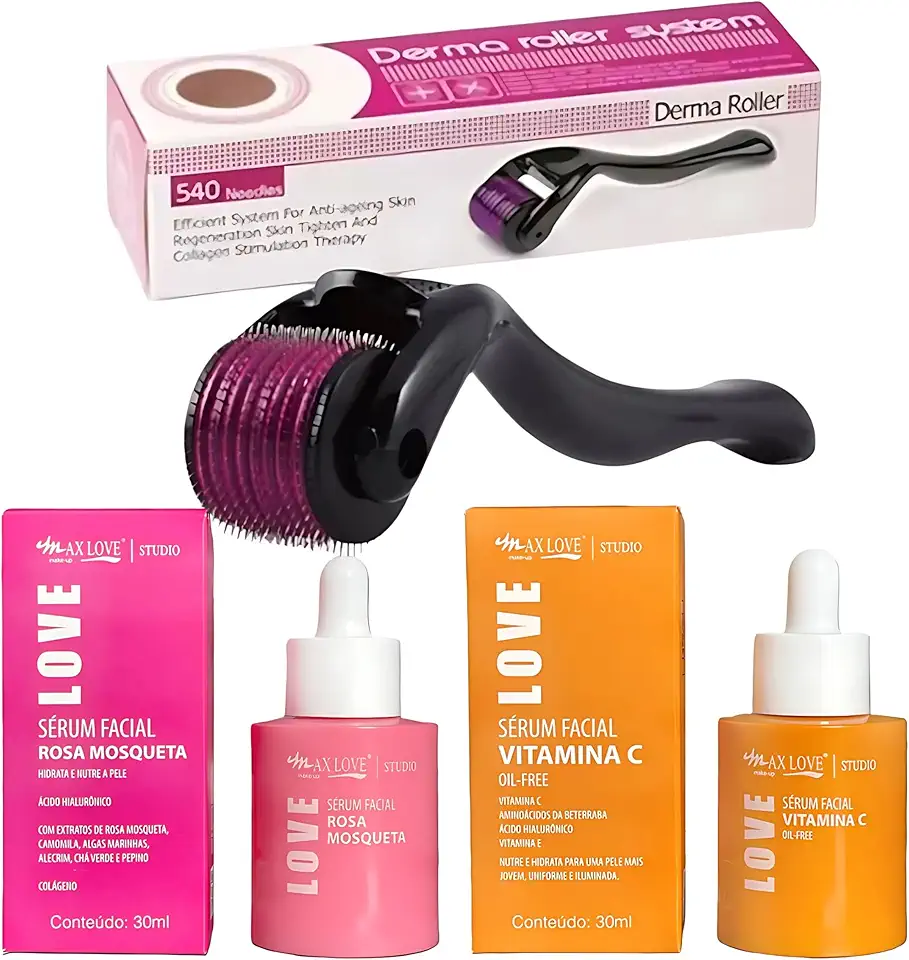 Kit Microagulhamento Facial, Dermaroller 1.5mm, Sérum Vitamina C com Ácido Hialurônico, Sérum Rosa Mosqueta, Preto com Roxo