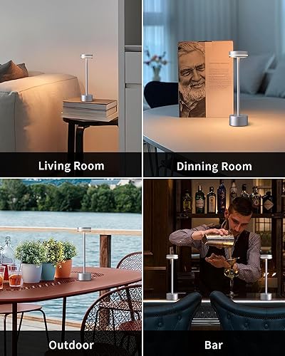 Miniatura 6 de PUSU Juego de 2 lámparas de mesa inalámbricas, funciona con pilas, lámpara de mesa portátil, luces de mesa de 3 niveles de brillo, control táctil,