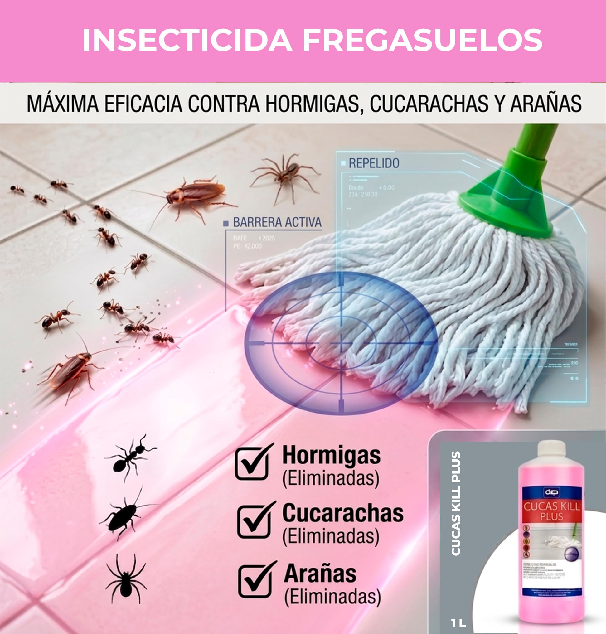 PACK DE 2 UNIDADES CUCAS KILL PLUS Insecticida Fregasuelos, Elimina Hormigas, Cucarachas y Arañas, Efecto Preventivo 15 Días, Aroma Neutro