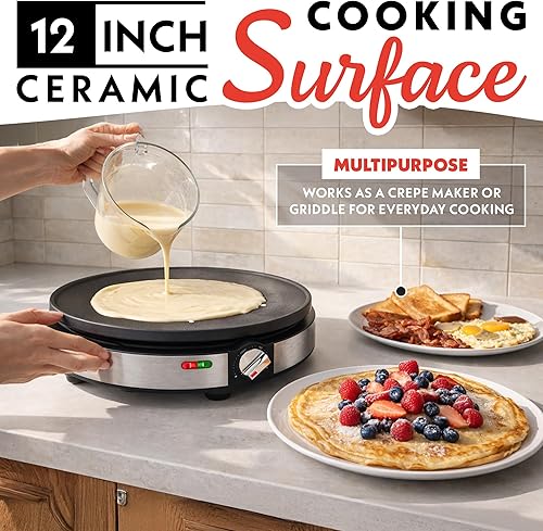 Miniatura 7 de Gourmia Máquina de crepas de 12 pulgadas, plancha eléctrica antiadherente para panqueques, omelettes y más, control preciso de temperatura con luces