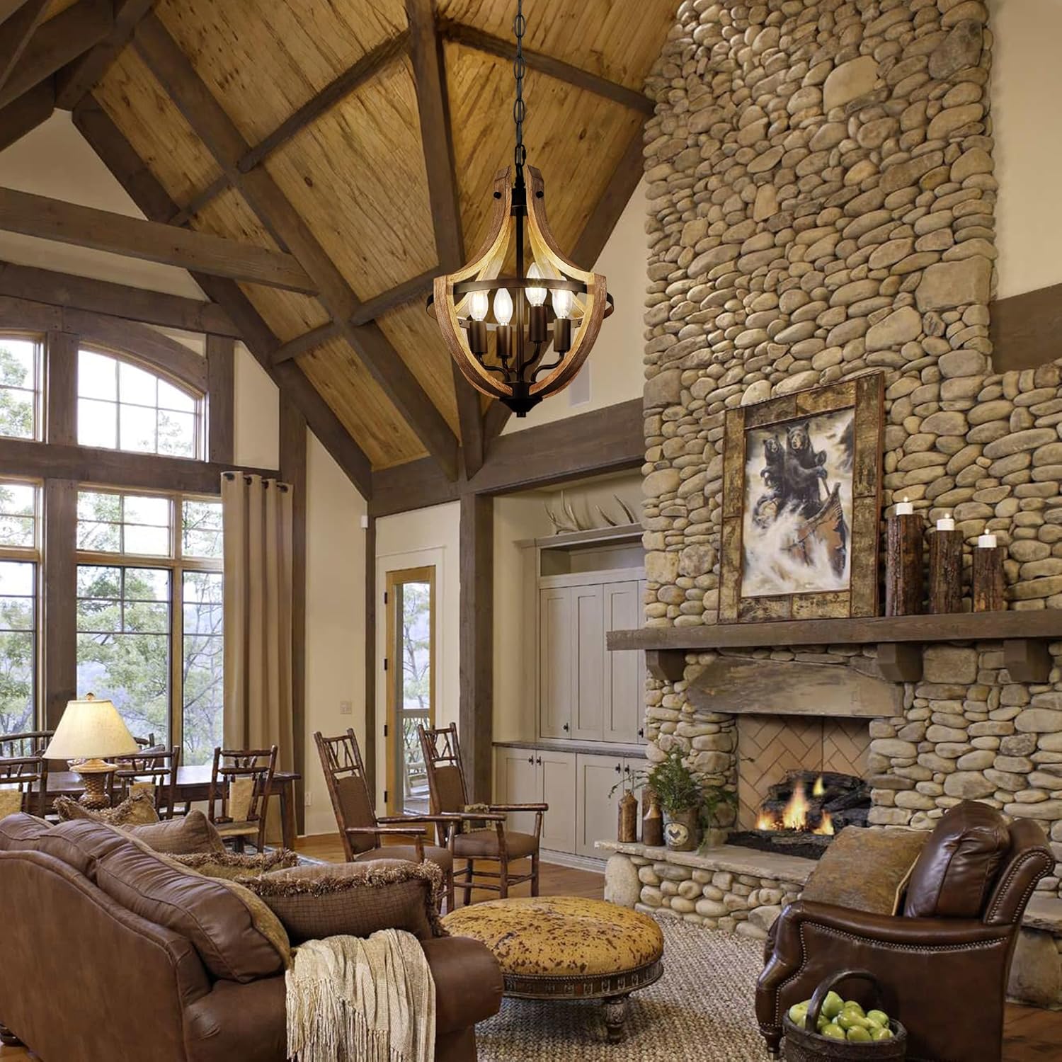 4-Light Farmhouse Dining Room Light Fixture, Adjustable Height Hanging Wood Vintage Pendant Lights for Kitchen Island Hallway Foyer Entryway Breakfast Area Bedroom