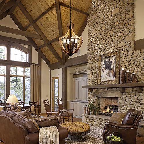 Miniatura 4 de Lámpara de 4 luces para comedor de granja, altura ajustable, colgante de madera, vintage, para cocina, isla, pasillo, vestíbulo, entrada, área de