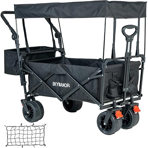 Collapsible Wagon Folding Garden Cart with Removable Canopy Utility Wagon Cart with All-Terrain Wheels Brake Beach Cart for Sand Heavy Duty Beach Wagon for Camping Shopping (Black)