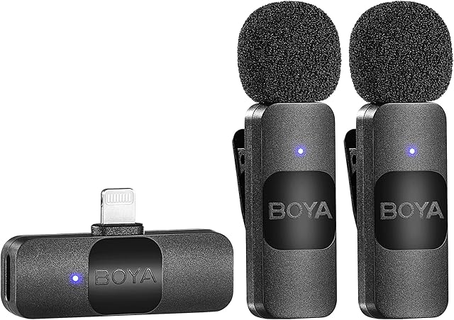 BOYA BY-V2 Bezprzewodowy mikrofon, 2,4 GHz, plug and play, mini, z klipsem, do iPhonea 14, 14 Pro, 13, 13 Pro, 12, iPada, urządzeń iOS, do vlogów, YouTube, nagrywania wideo, podcastów, wywiadów