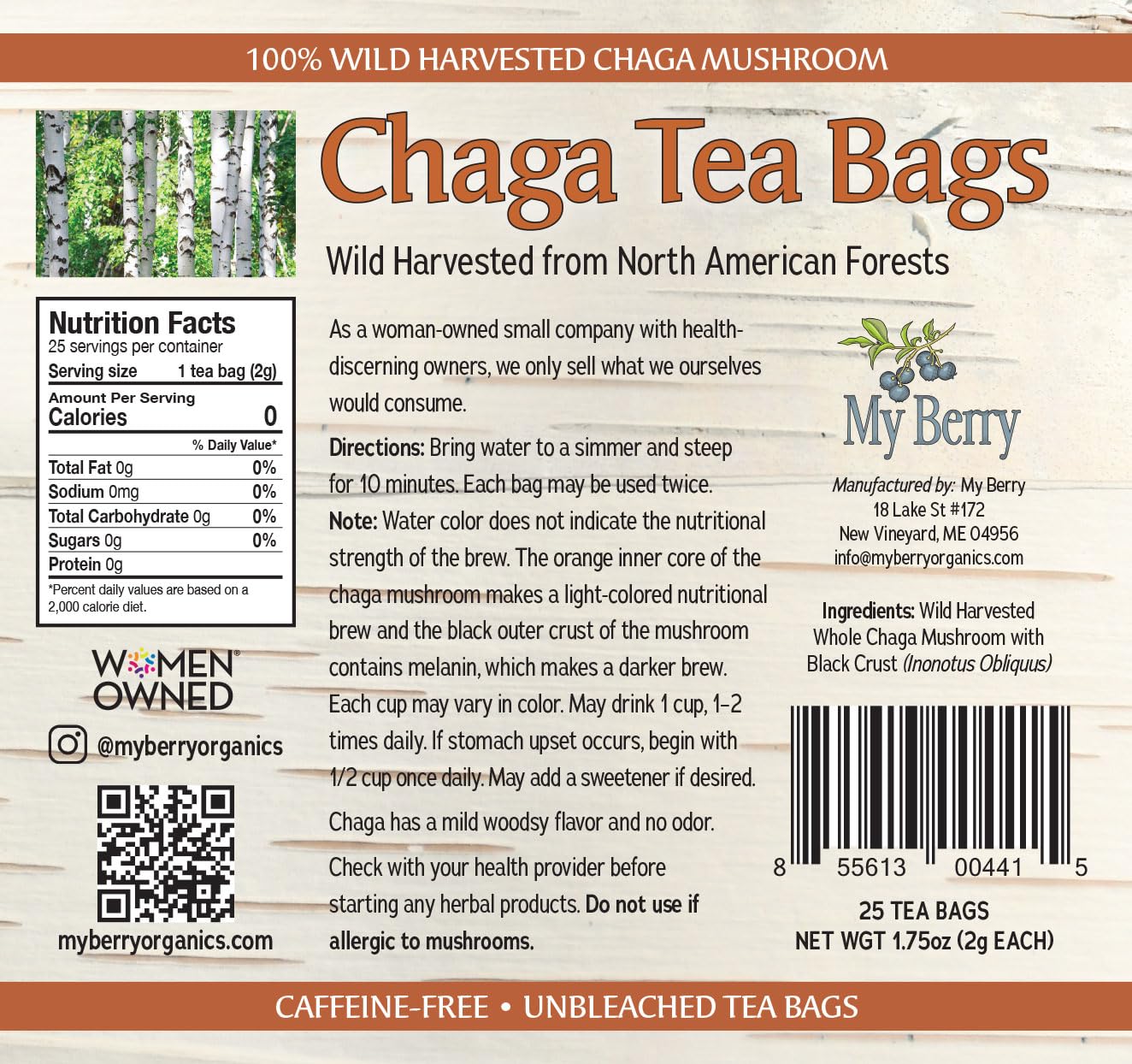 Chaga Tea Bags by My Berry | 100% Canadian Wild-Harvested | 100% Additive-Free Caffeine-Free Herbal Tea | 25 Bleach-Free Bags